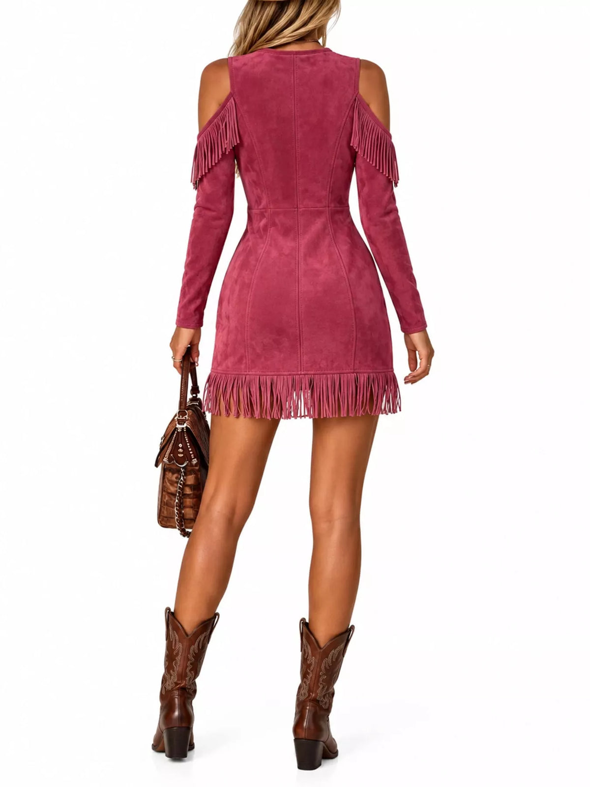 full size fringed cold-shoulder zip-front mini dress | dropsona - neutral - packaging