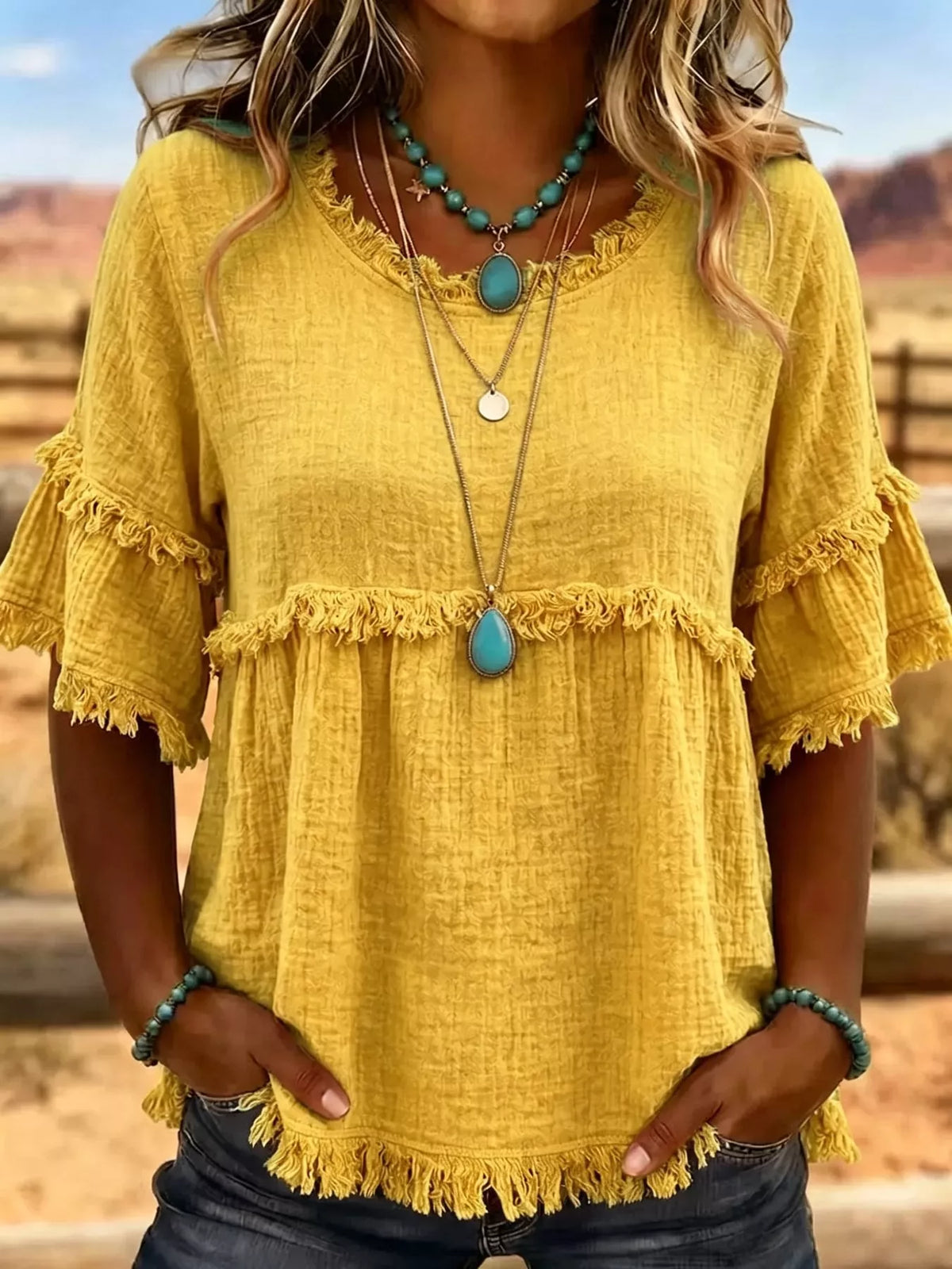 full size frayed edge textured blouse plus | dropsona - neutral - front view