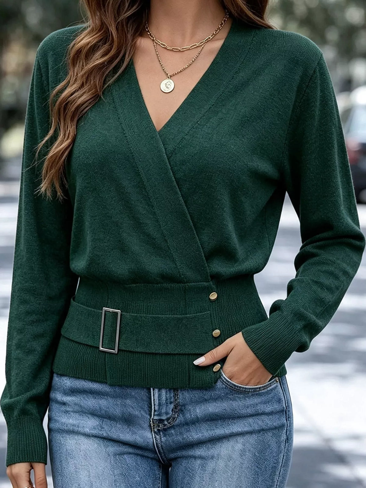 surplice elastic waist long sleeve knit top | dropsona - neutral - close-up detail