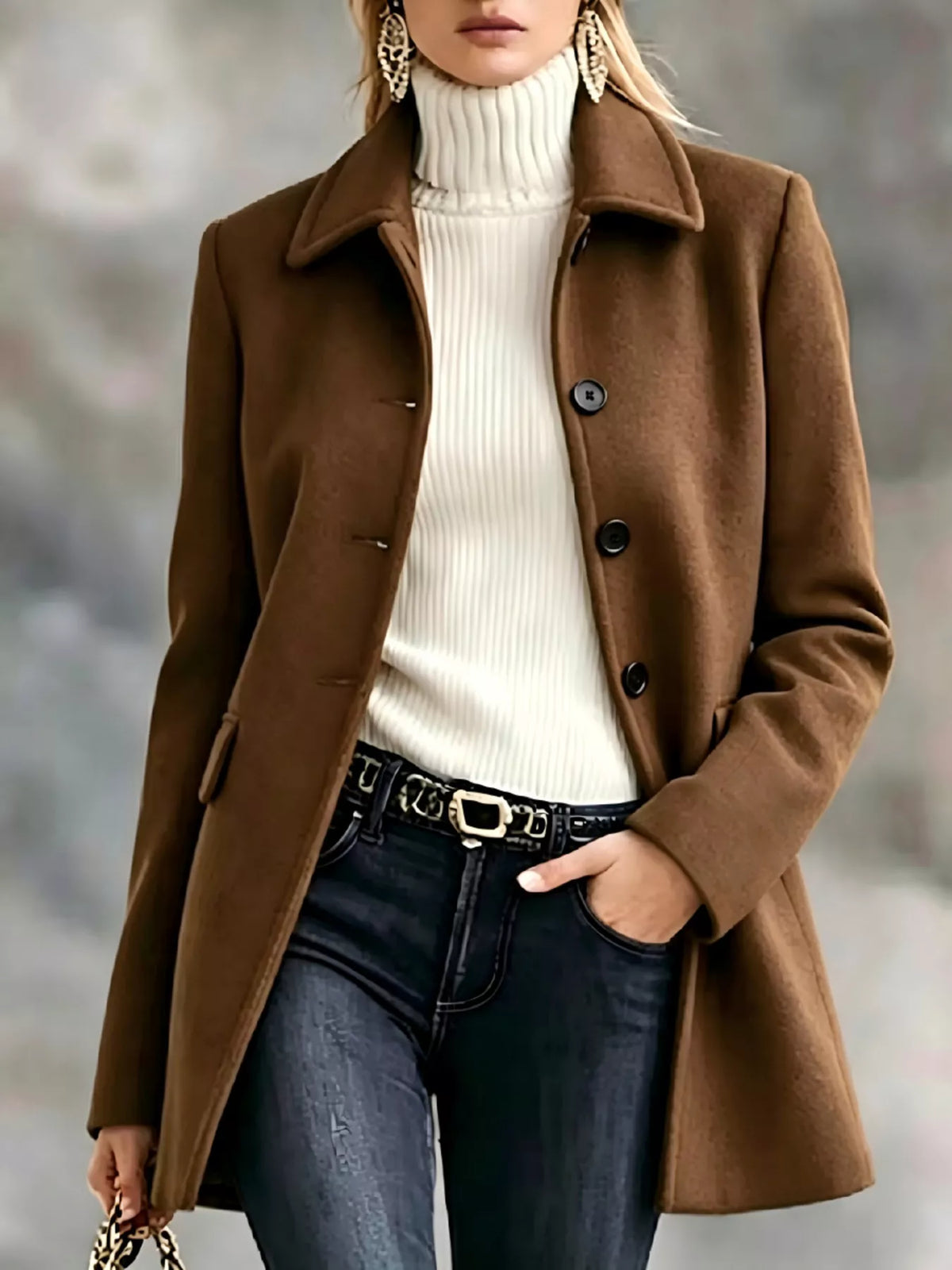 button up collared neck coat | dropsona - neutral - close-up detail