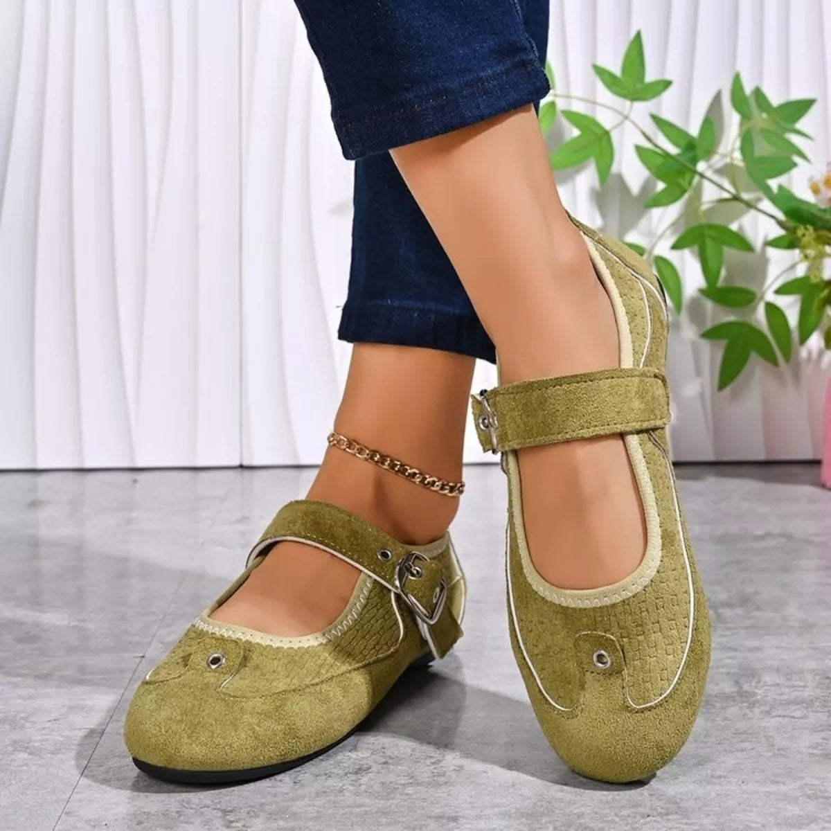 adjustable buckle strap slip-ons – classy ballet flats | dropsona - neutral - front view