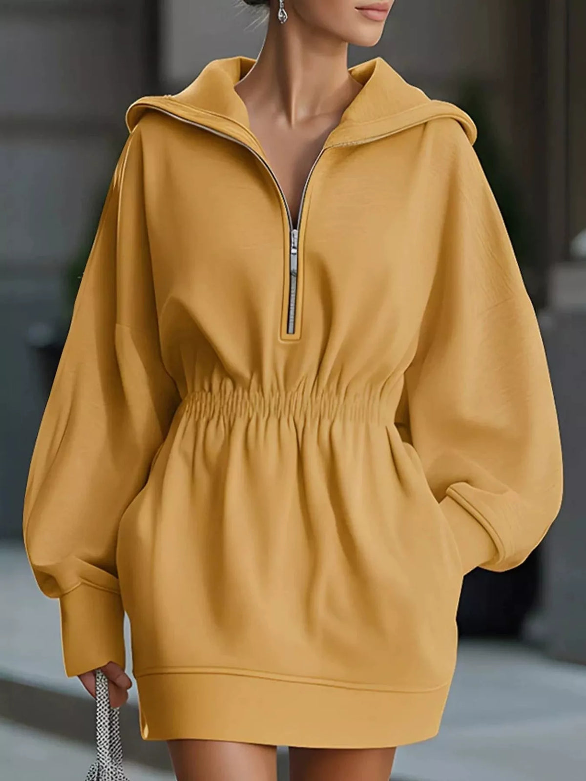 half-zip hooded sweatshirt dress – zipper,pocketed fit | dropsona - neutral - everyday use