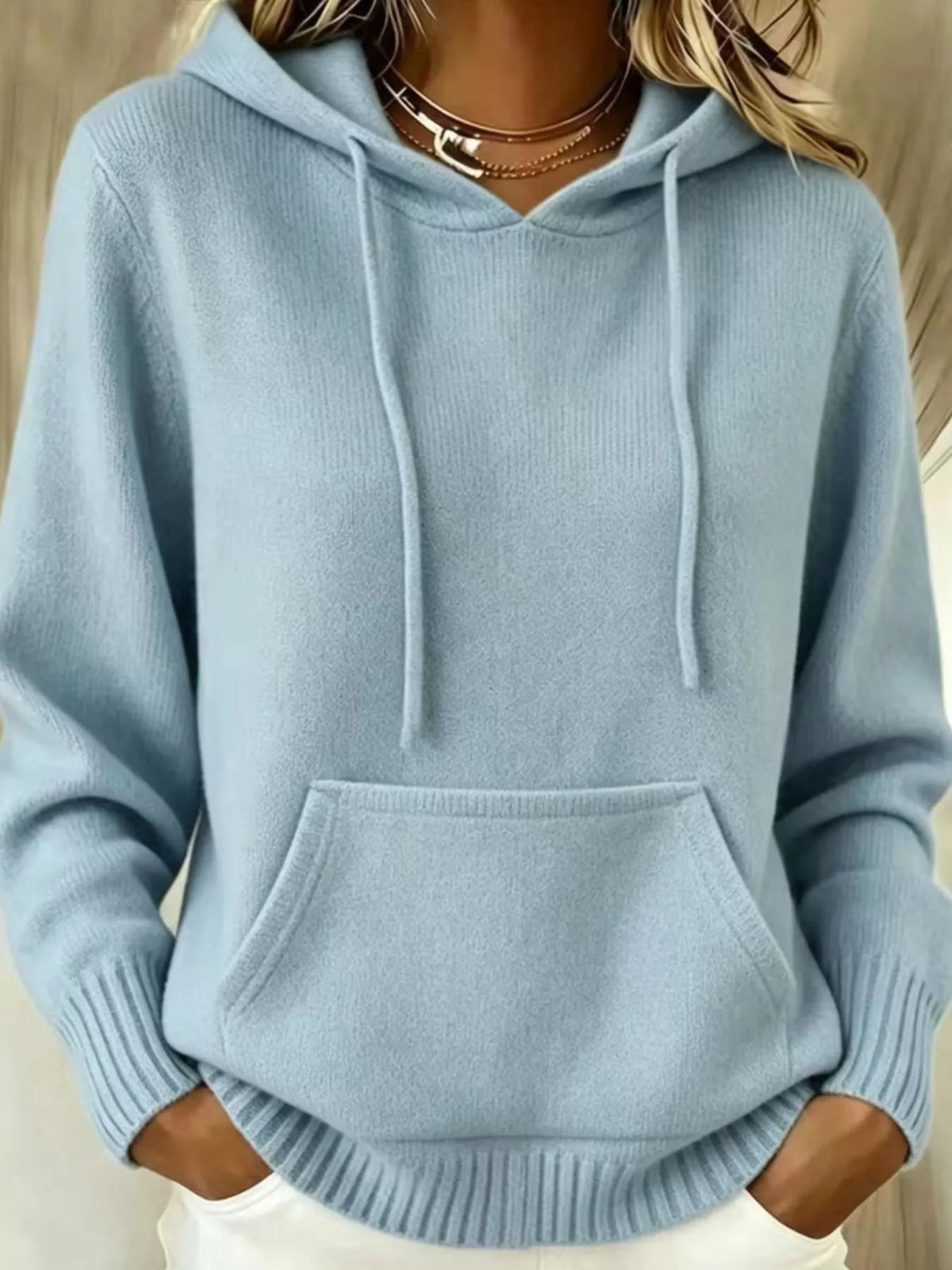 full size drawstring kangaroo pocket hooded sweater | dropsona - neutral - material texture