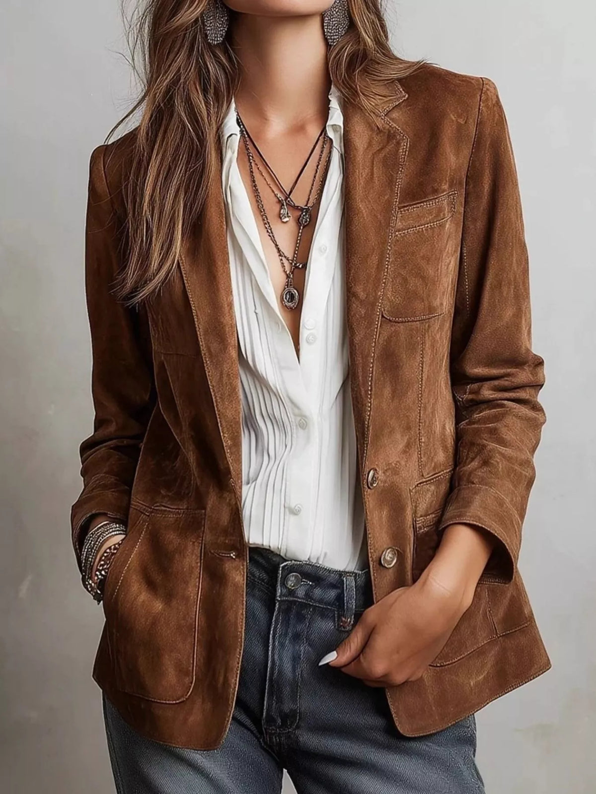 full size lapel collar button up blazer plus | dropsona - neutral - close-up detail