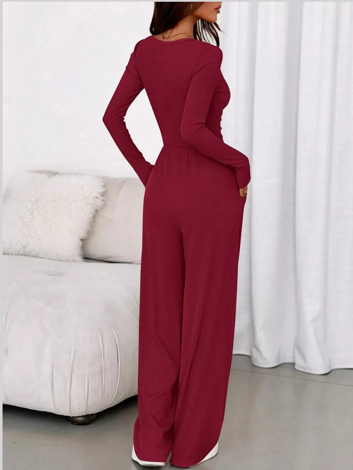 long sleeve ribbed knit wide leg jumpsuit | dropsona - neutral - front view