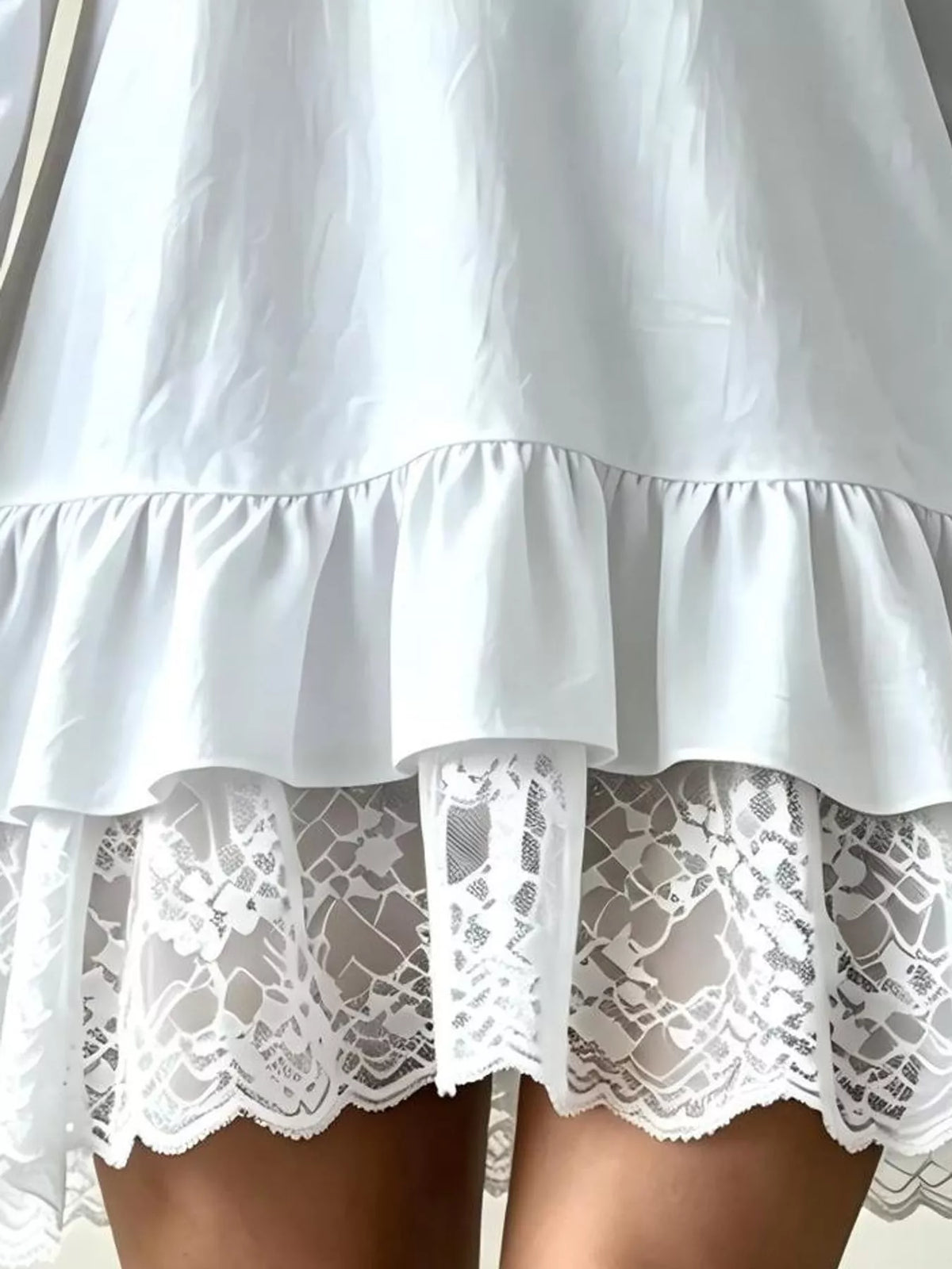 lace hem v-neck flounce sleeve dress | dropsona - neutral - size reference