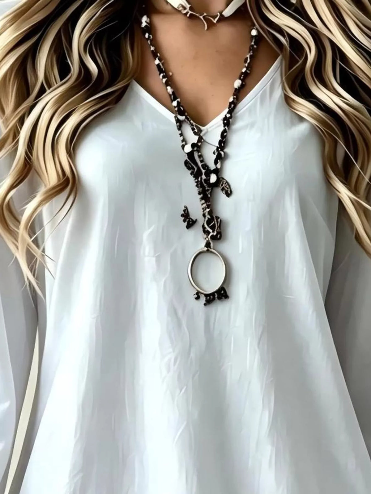 lace hem v-neck flounce sleeve dress | dropsona - neutral - material texture