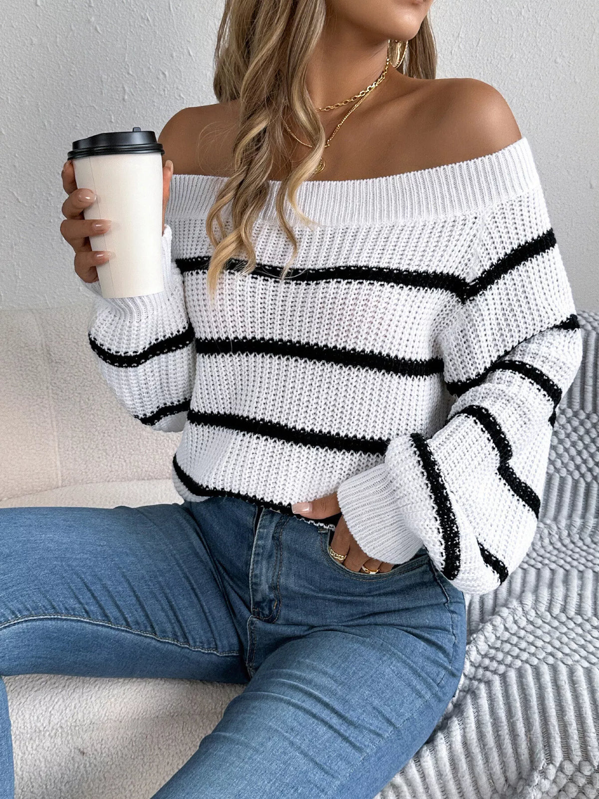 off-shoulder striped contrast sweater – basic style | dropsona - neutral - size reference