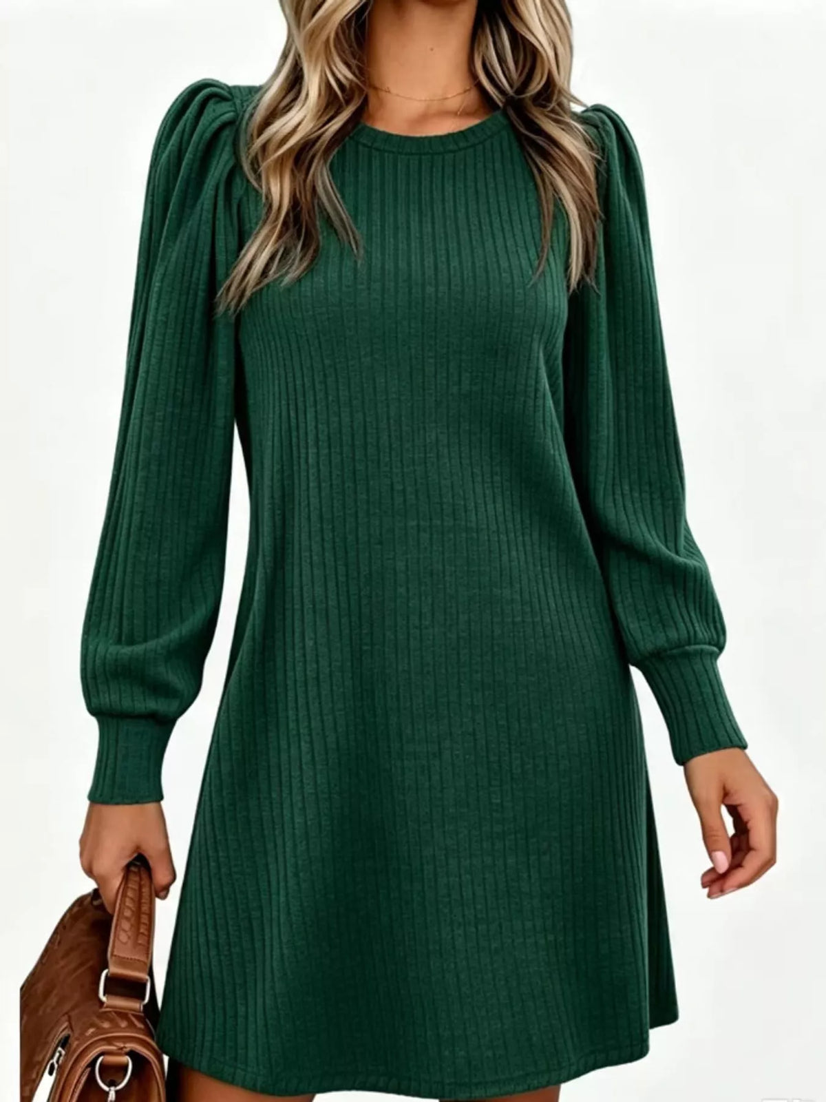 puff sleeve ribbed knit dress with pockets | dropsona - neutral - usage example