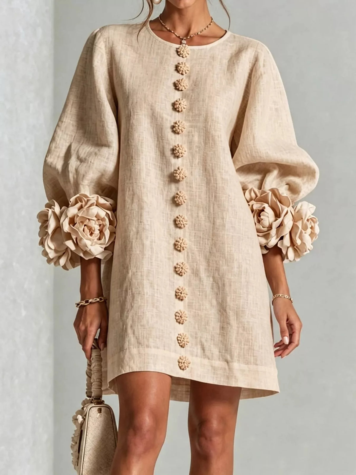 full size 3d floral sleeve accents mini dress plus | dropsona - neutral - material texture