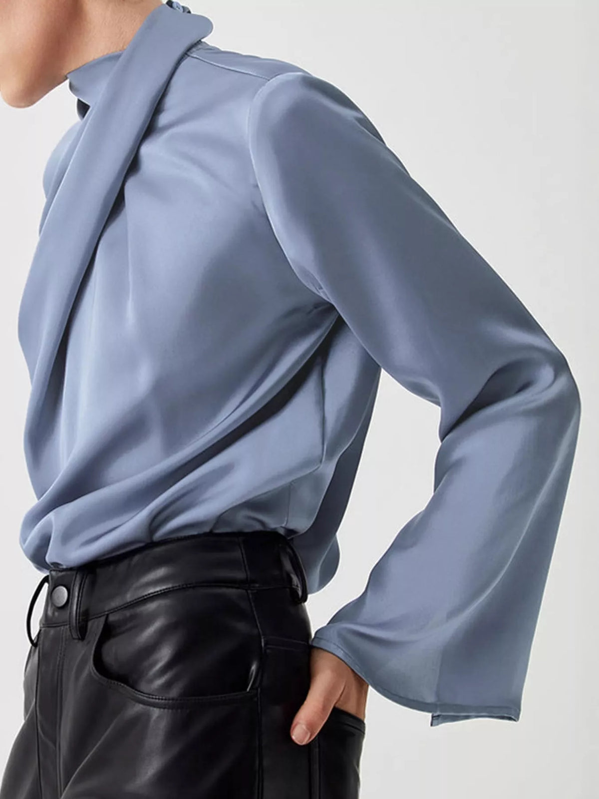 satin mock neck blouse – twisted,asymmetrical fit | dropsona - neutral - close-up detail