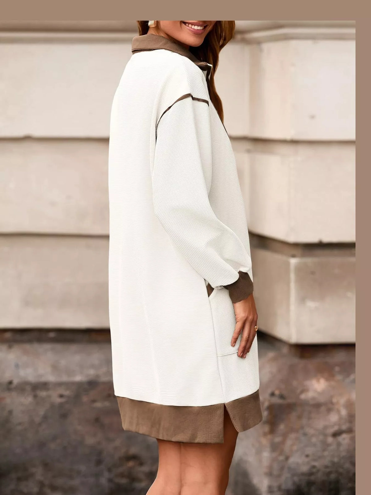 color block quarter-zip sweatshirt dress | dropsona - neutral - size reference