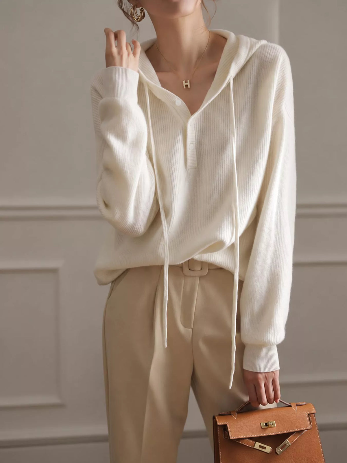 drawstring button detail hooded sweater | dropsona - neutral - material texture