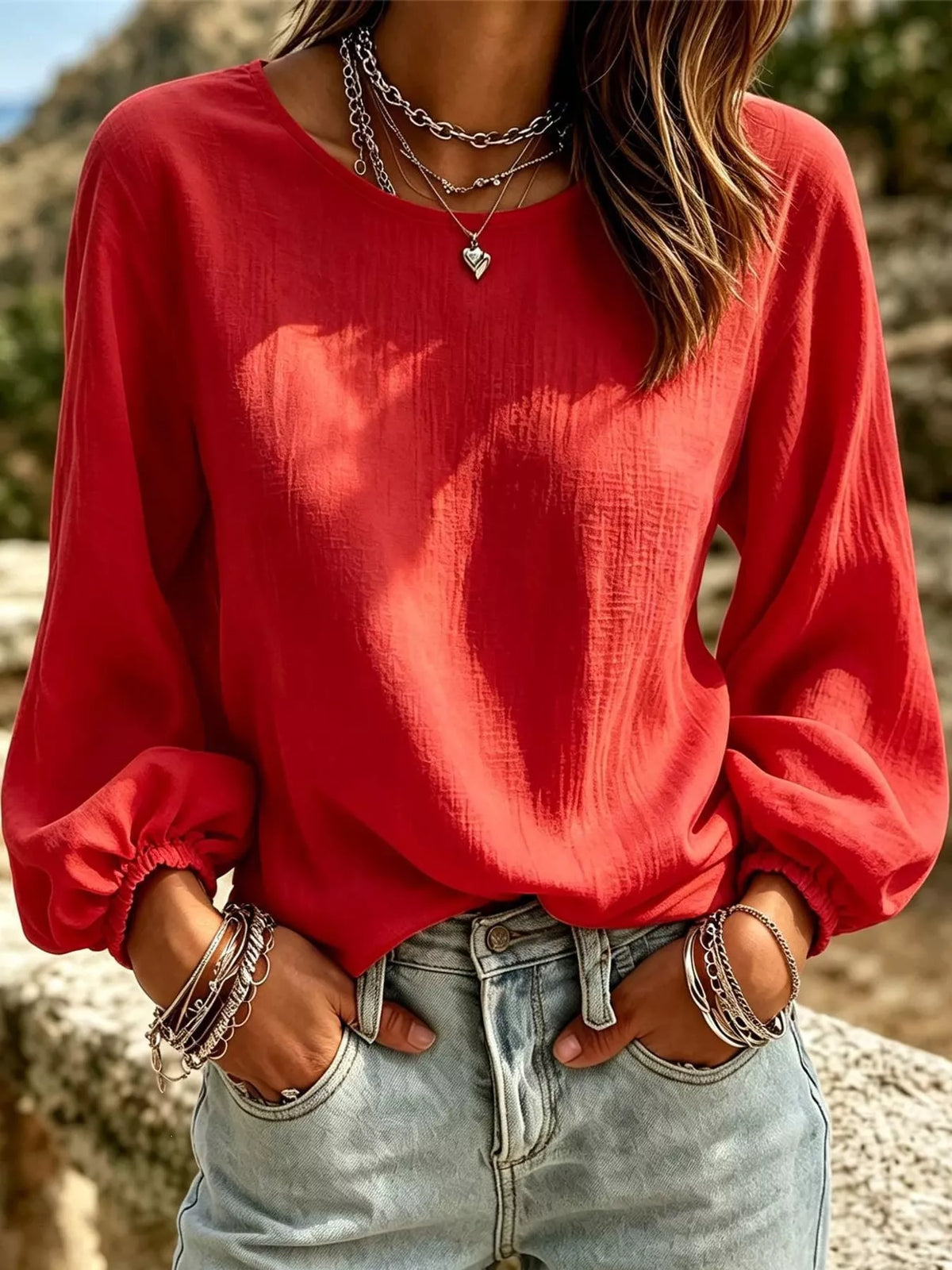 full size elasticated cuffs long sleeve blouse plus | dropsona - neutral - front view