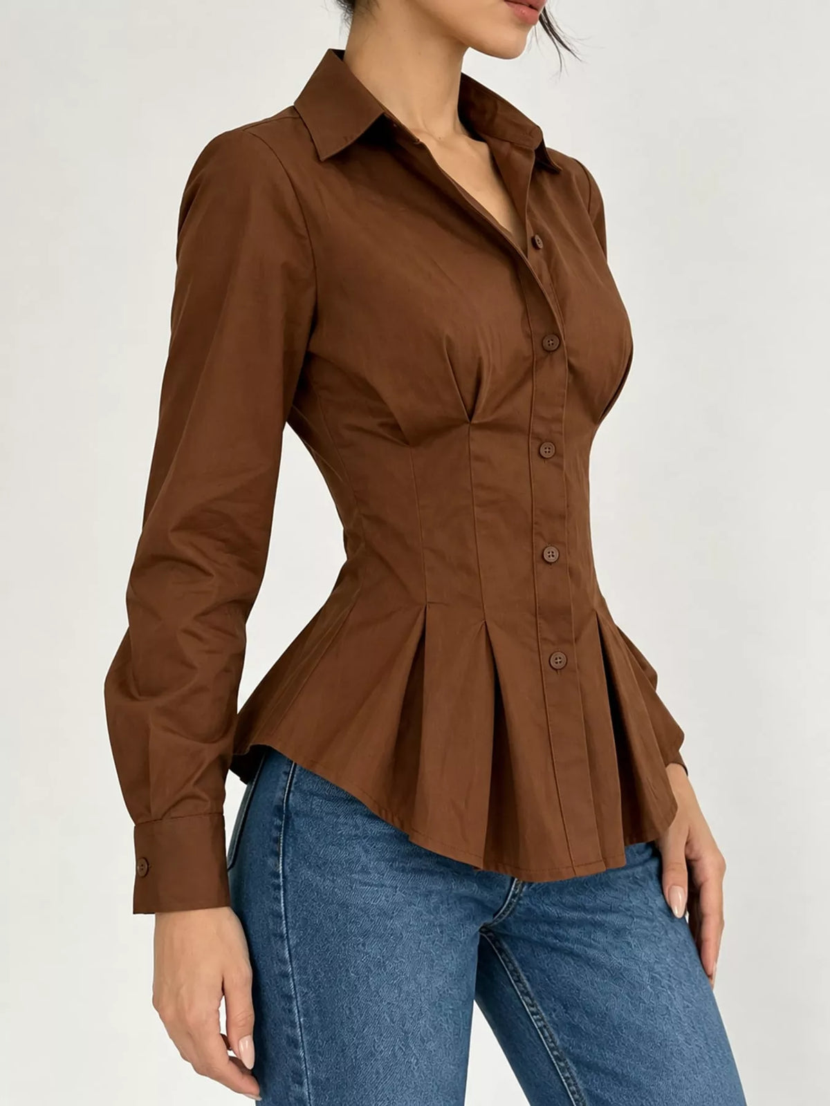 button-down peplum blouse with fitted waist | dropsona - neutral - material texture