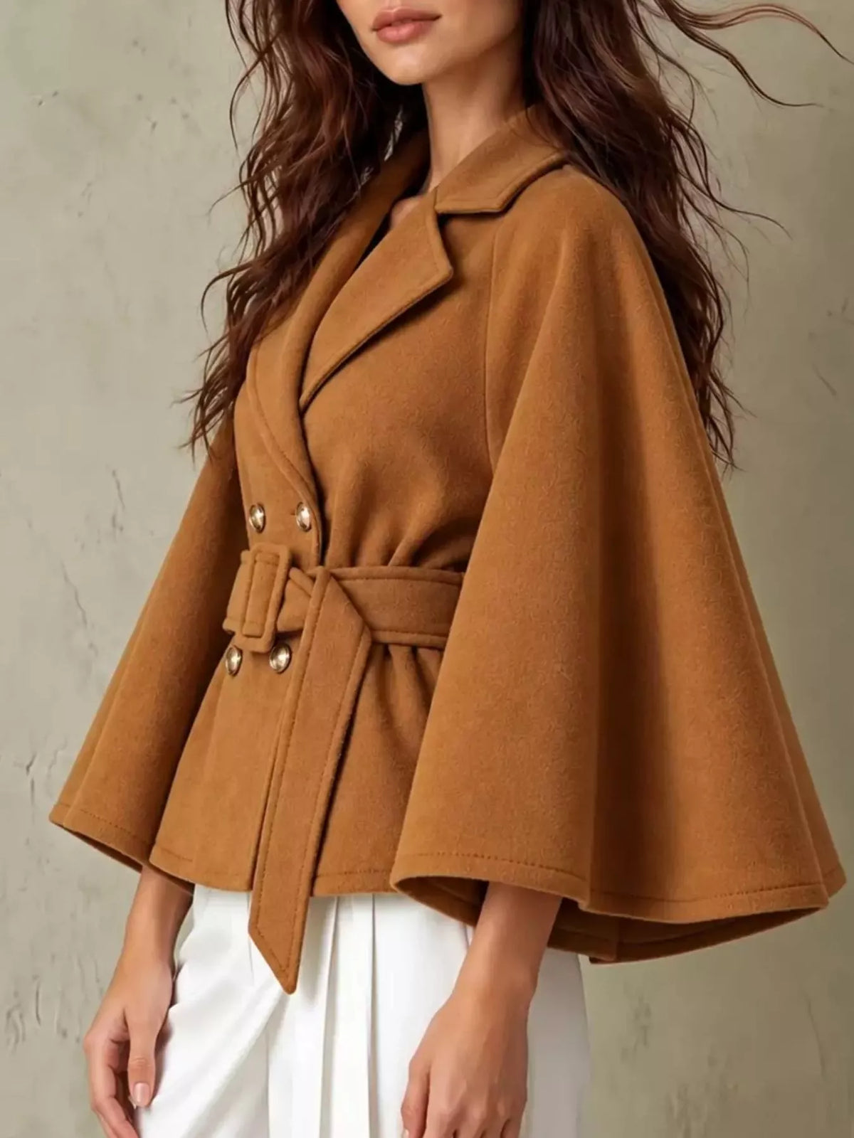 double-breasted cape outerwear with belt | dropsona - neutral - material texture