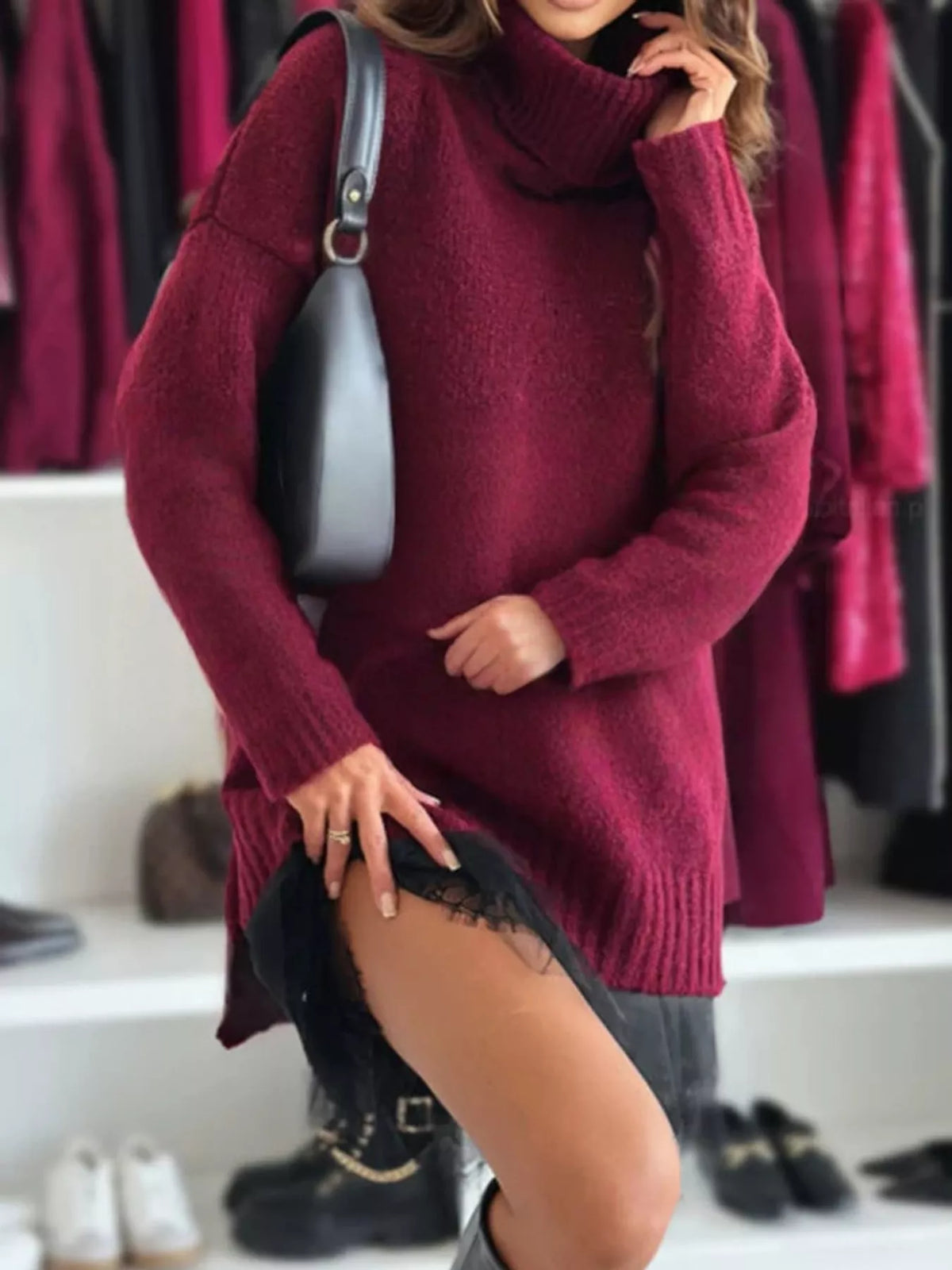 full size turtleneck sweater and lace hem dress set | dropsona - neutral - close-up detail