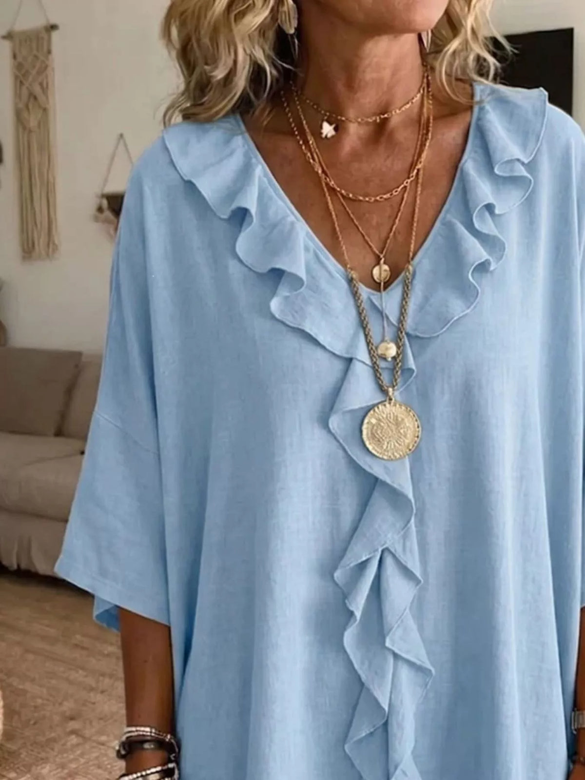 full size ruffle v-neck 3/4 sleeve blouse plus | dropsona - neutral - usage example