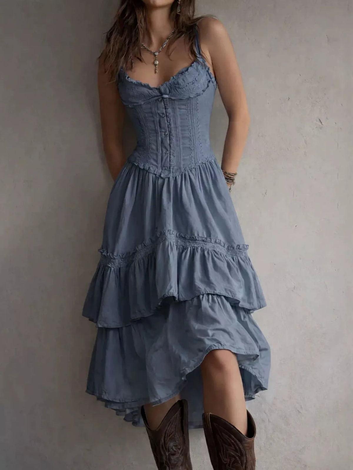 full size layered ruffle midi dress plus | dropsona - neutral - material texture