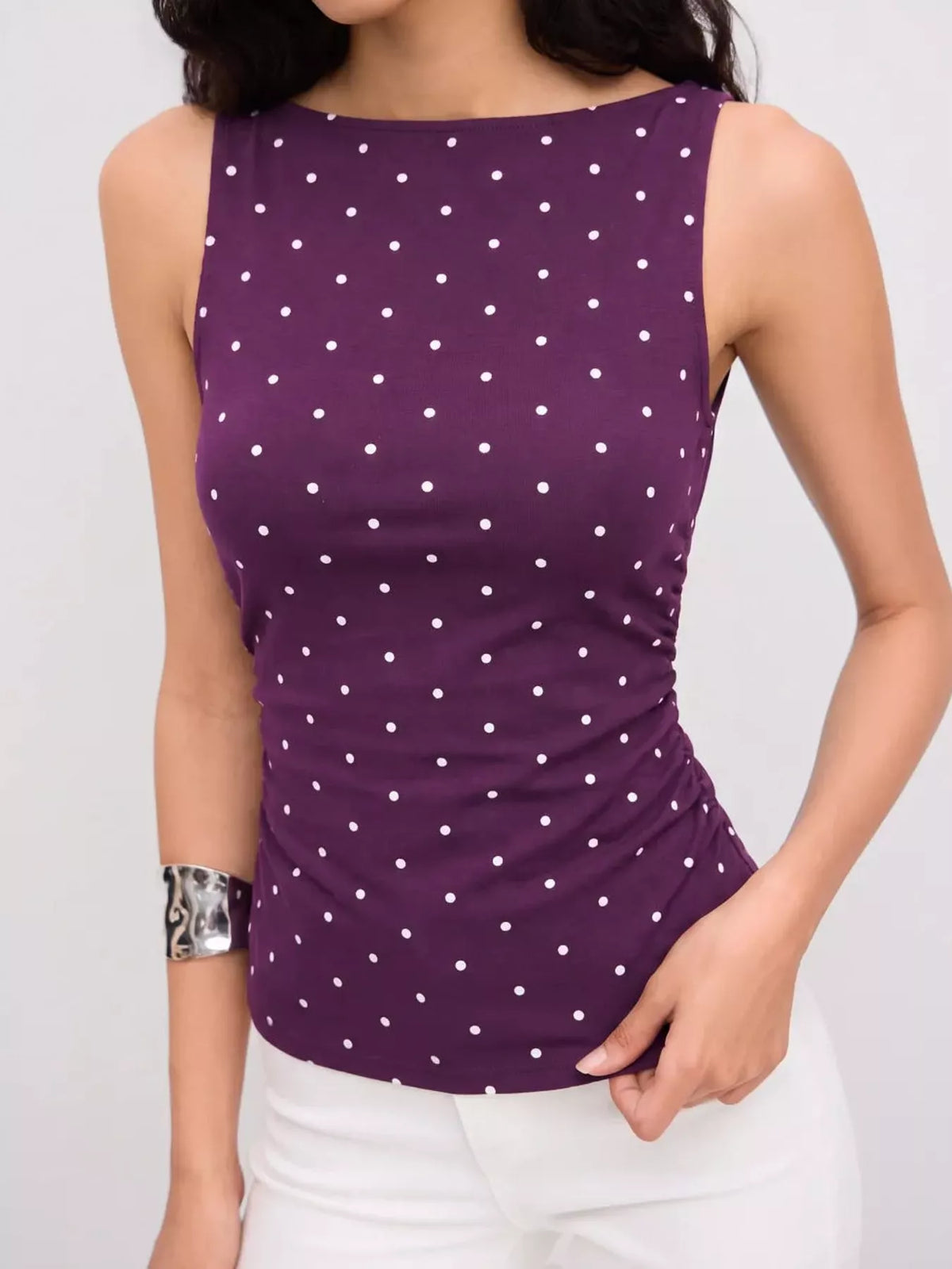 polka dot print sleeveless tank top with tie back | dropsona - neutral - usage example