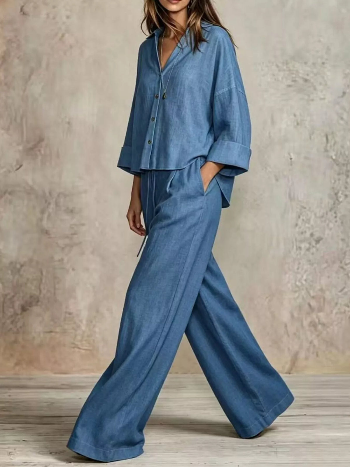 full size button-down shirt and wide-leg pants set | dropsona - neutral - packaging
