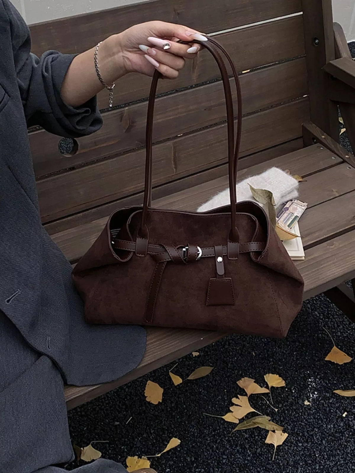 suede decorative belt buckle shoulder bag | dropsona - neutral - size reference