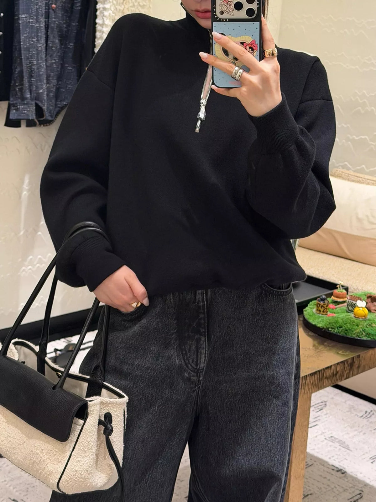 half-zip dropped shoulder sweater – zipper fit | dropsona - neutral - material texture