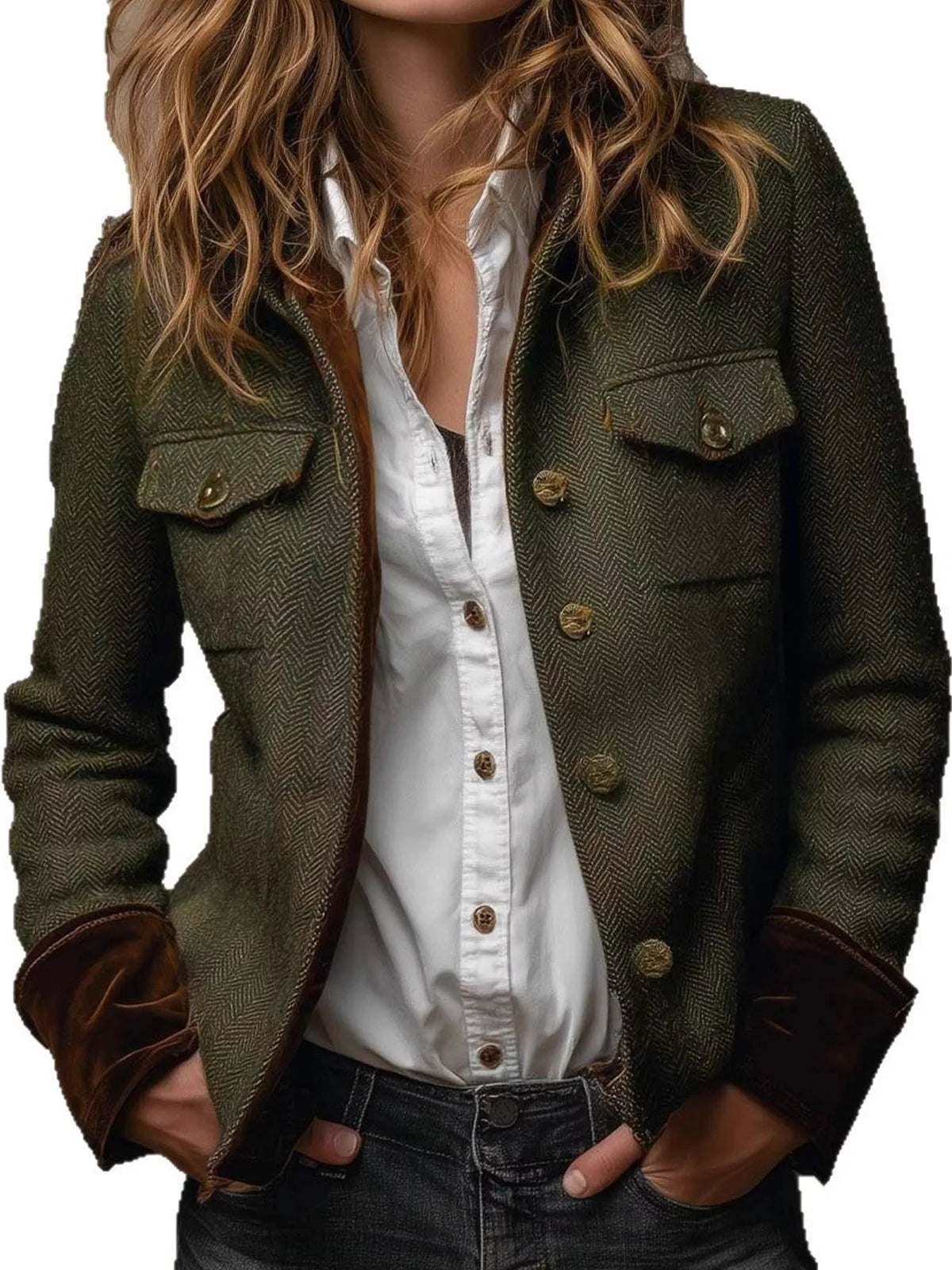 full size vintage herringbone tweed blazer with | dropsona - neutral - close-up detail