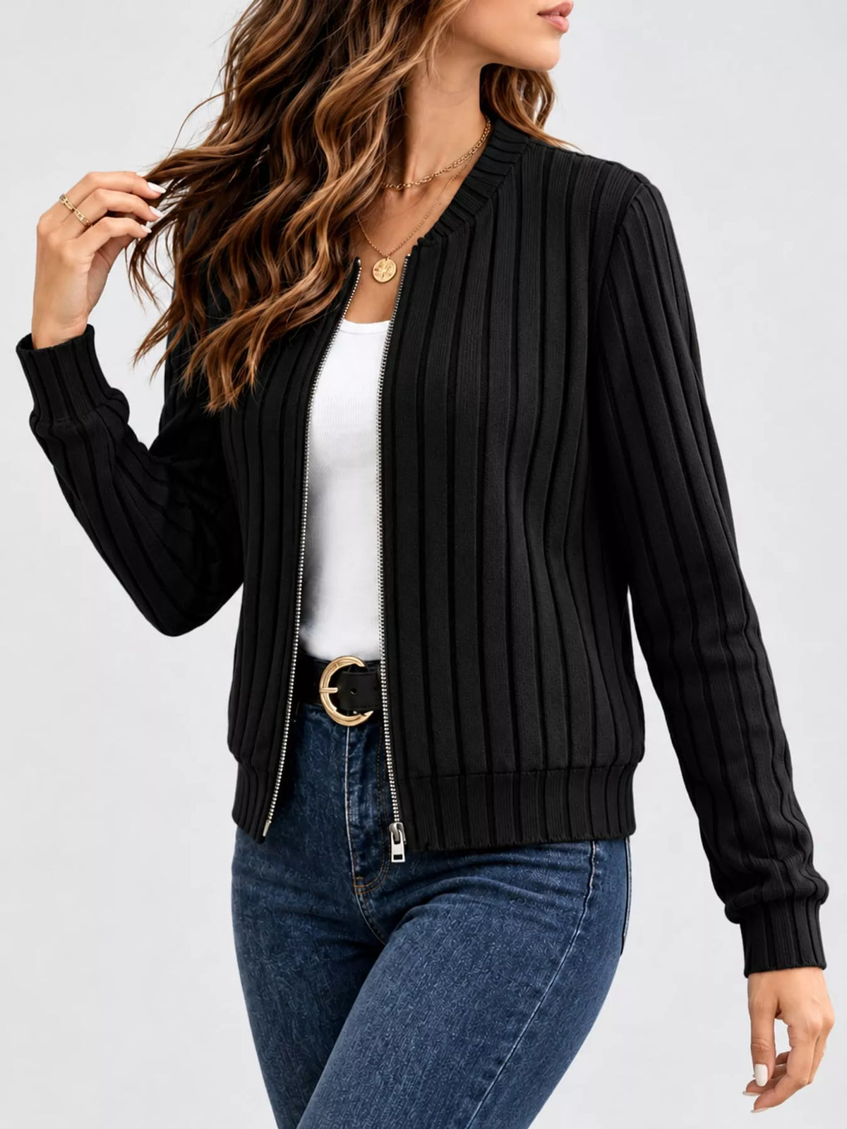 ribbed knit zip-up bomber jacket – zipper,ribbed fit | dropsona - neutral - packaging