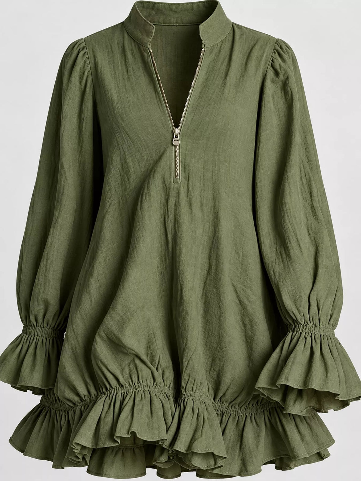 zipper-front ruffle hem mini dress – zipper, ruffled | dropsona - neutral - close-up detail