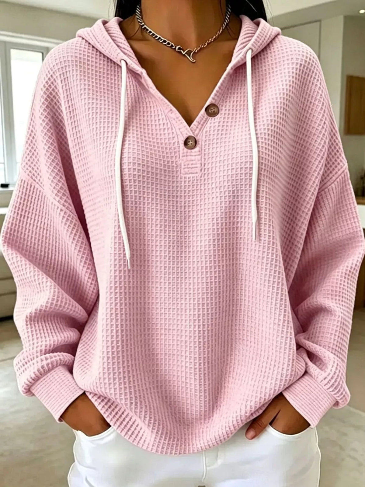 full size waffle knit button detail hoodie plus | dropsona - neutral - close-up detail