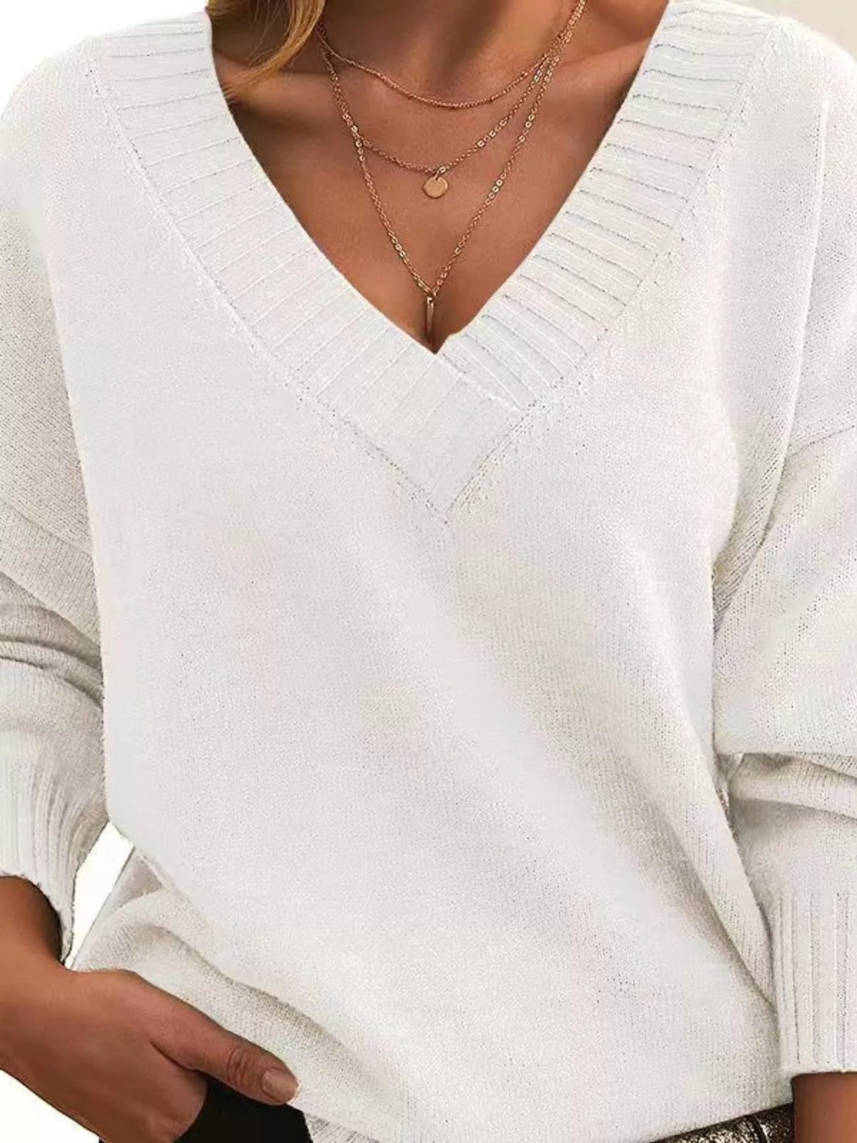 full size v-neck dropped shoulder sweater plus | dropsona - neutral - front view