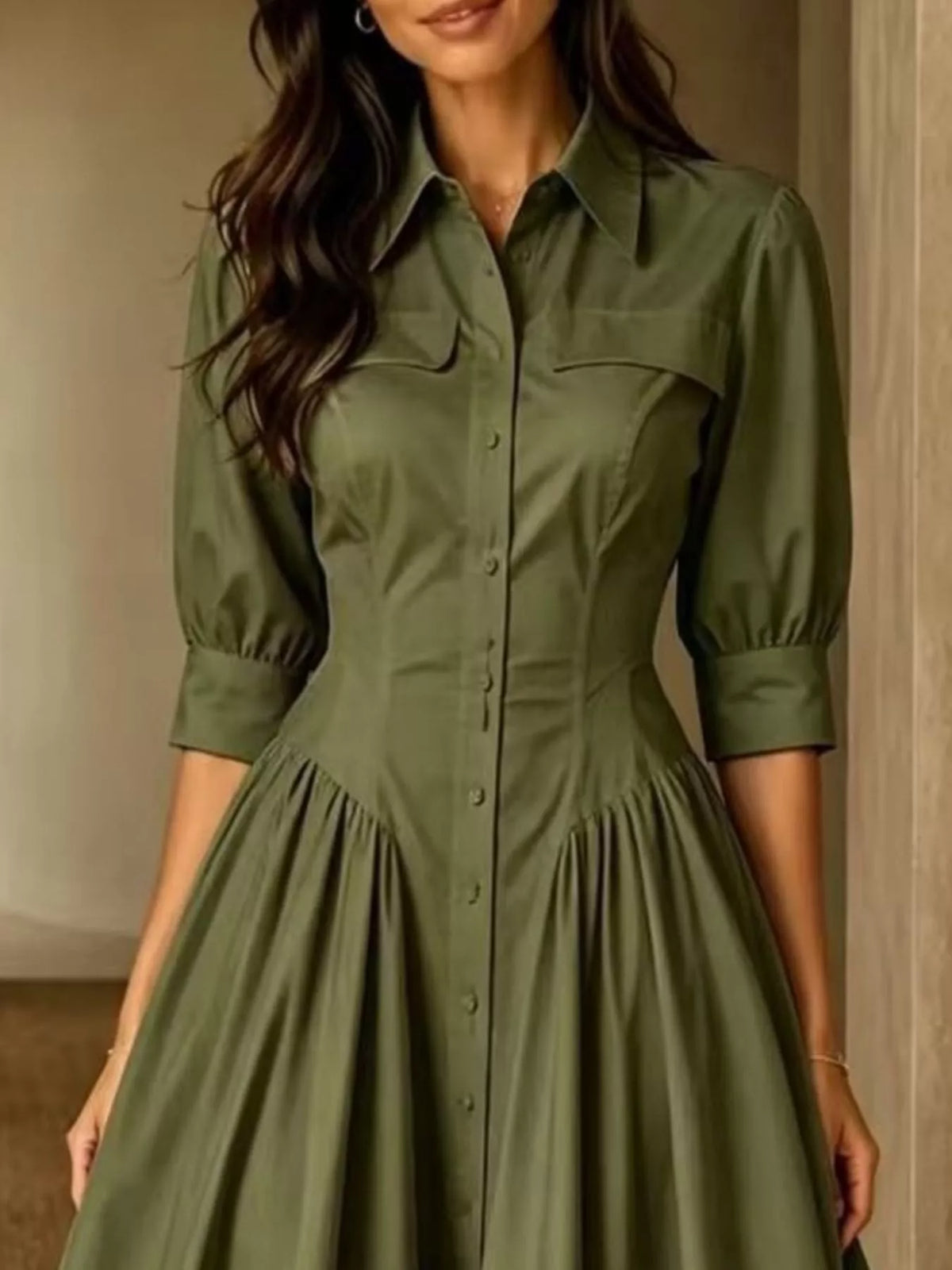 full size elegant button-down shirt dress with | dropsona - neutral - front view
