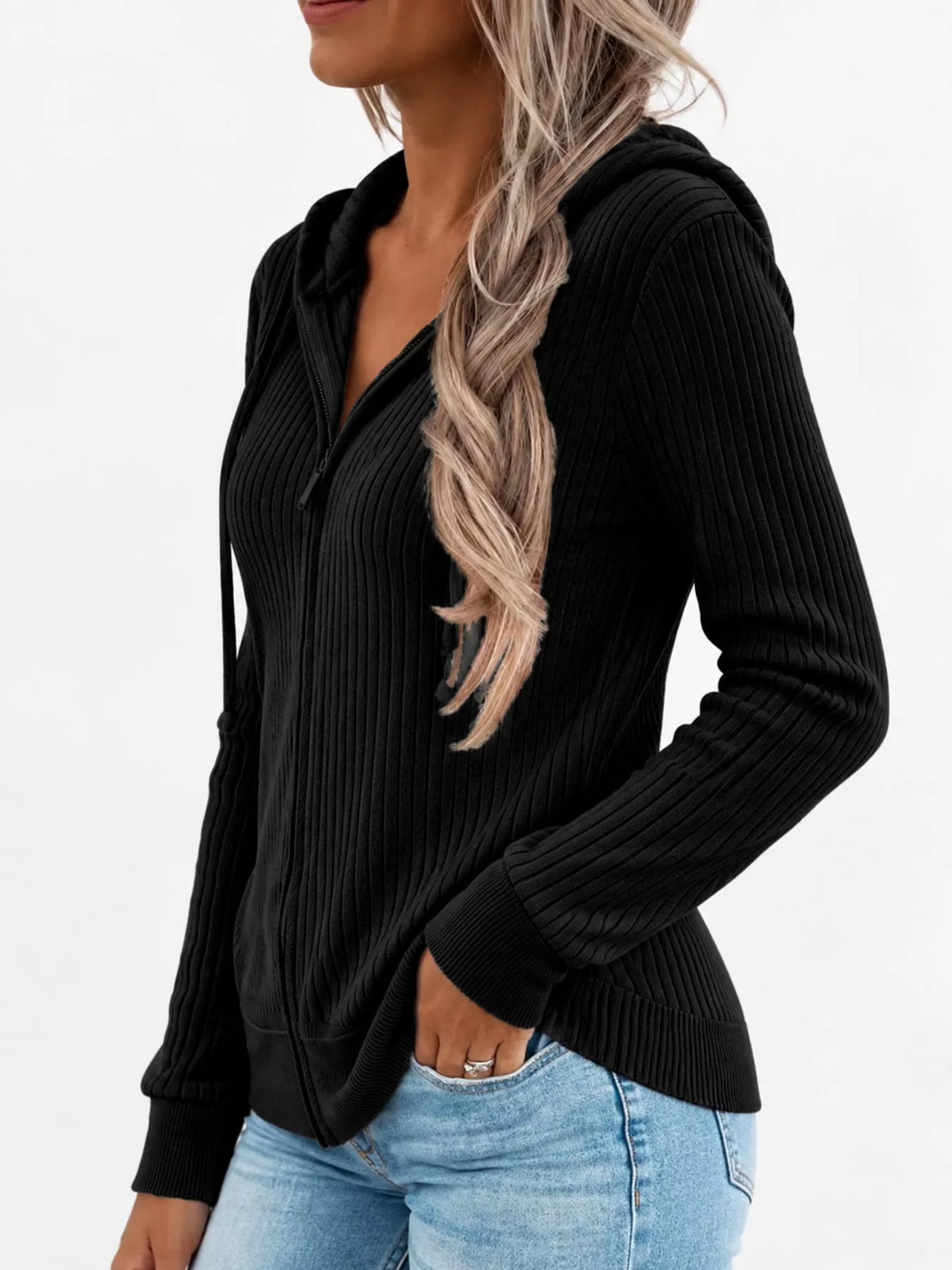 full size ribbed knit zip-up hooded cardigan plus | dropsona - neutral - size reference