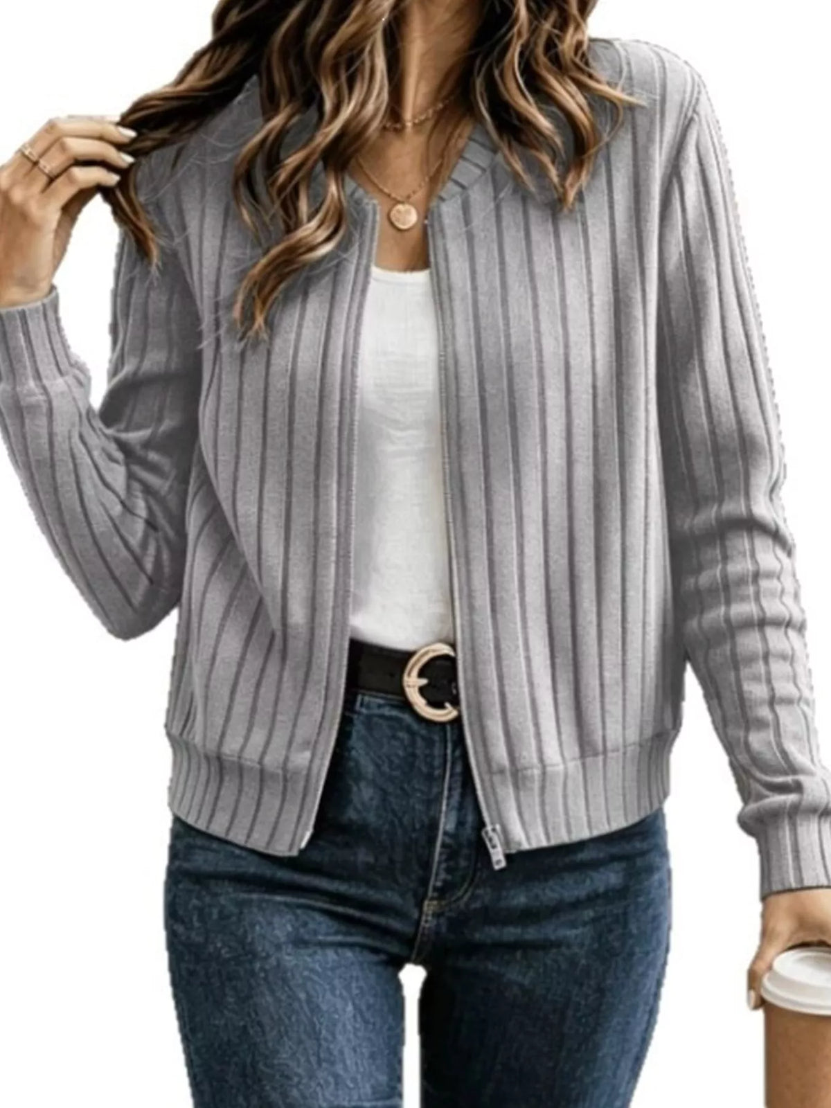 ribbed knit zip-up bomber jacket – zipper,ribbed fit | dropsona - neutral - packaging