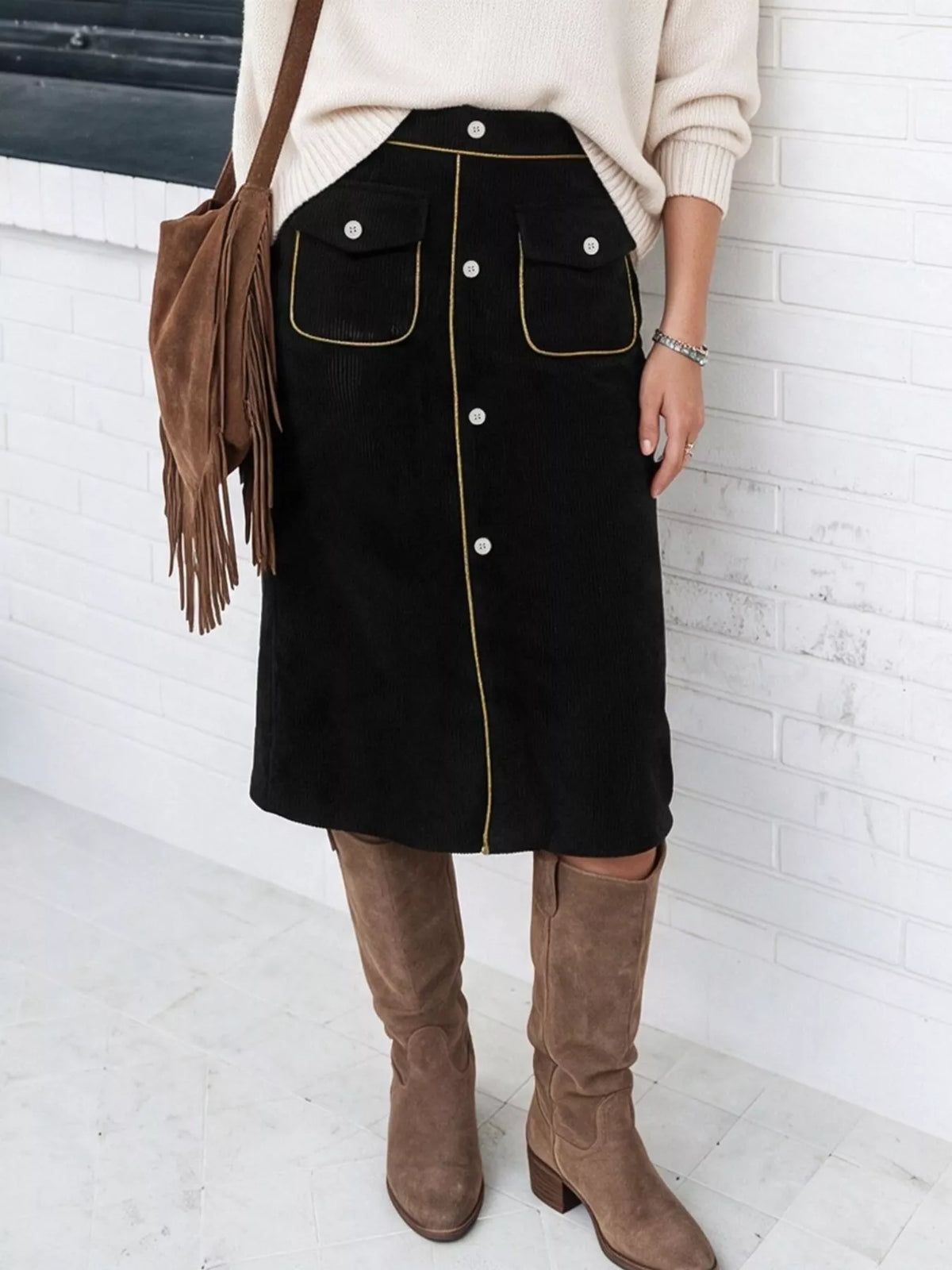 corduroy midi skirt – buttoned body: not lined | dropsona - neutral - material texture