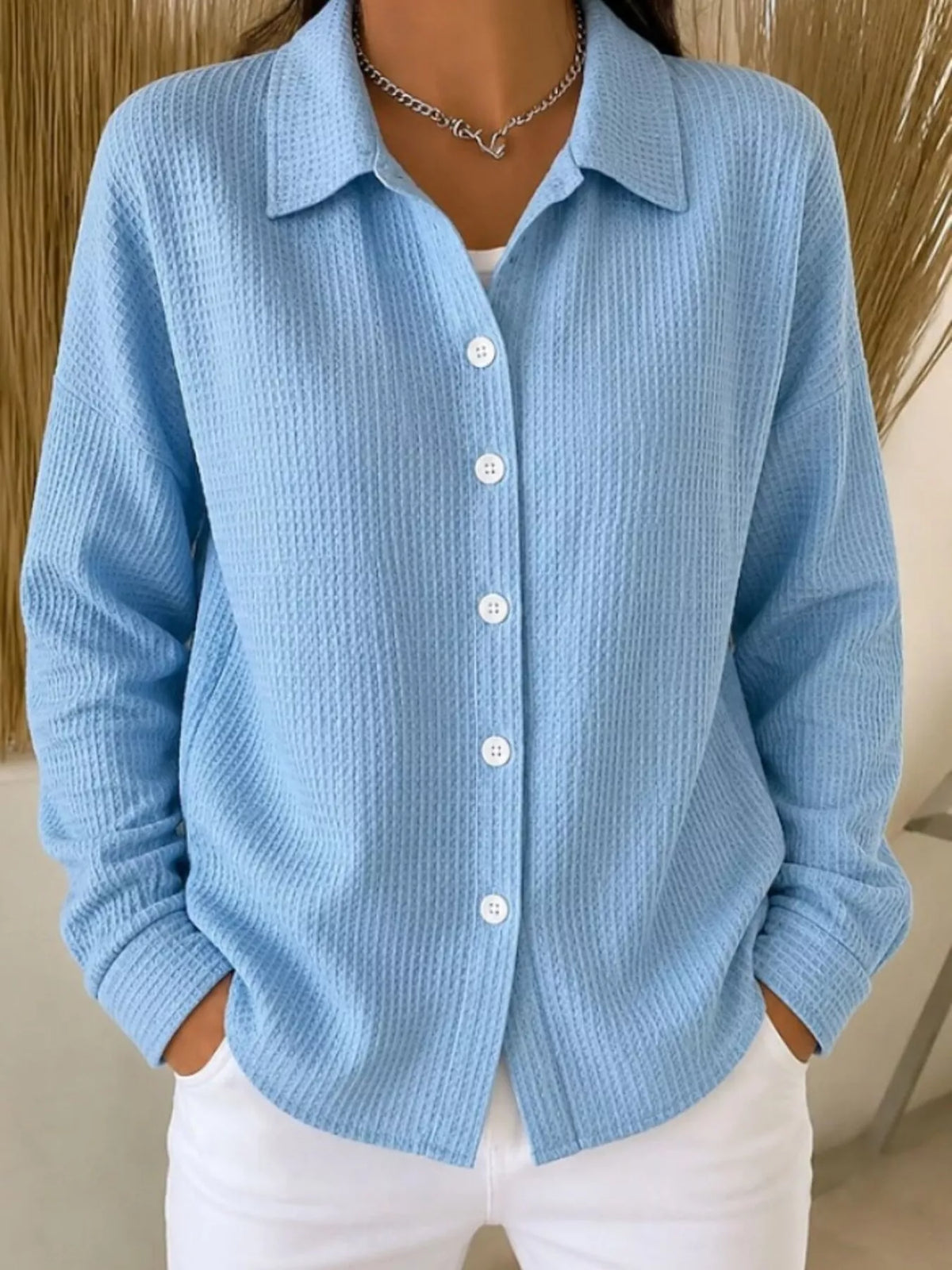 waffle knit button-down shirt – buttoned | dropsona - neutral - everyday use