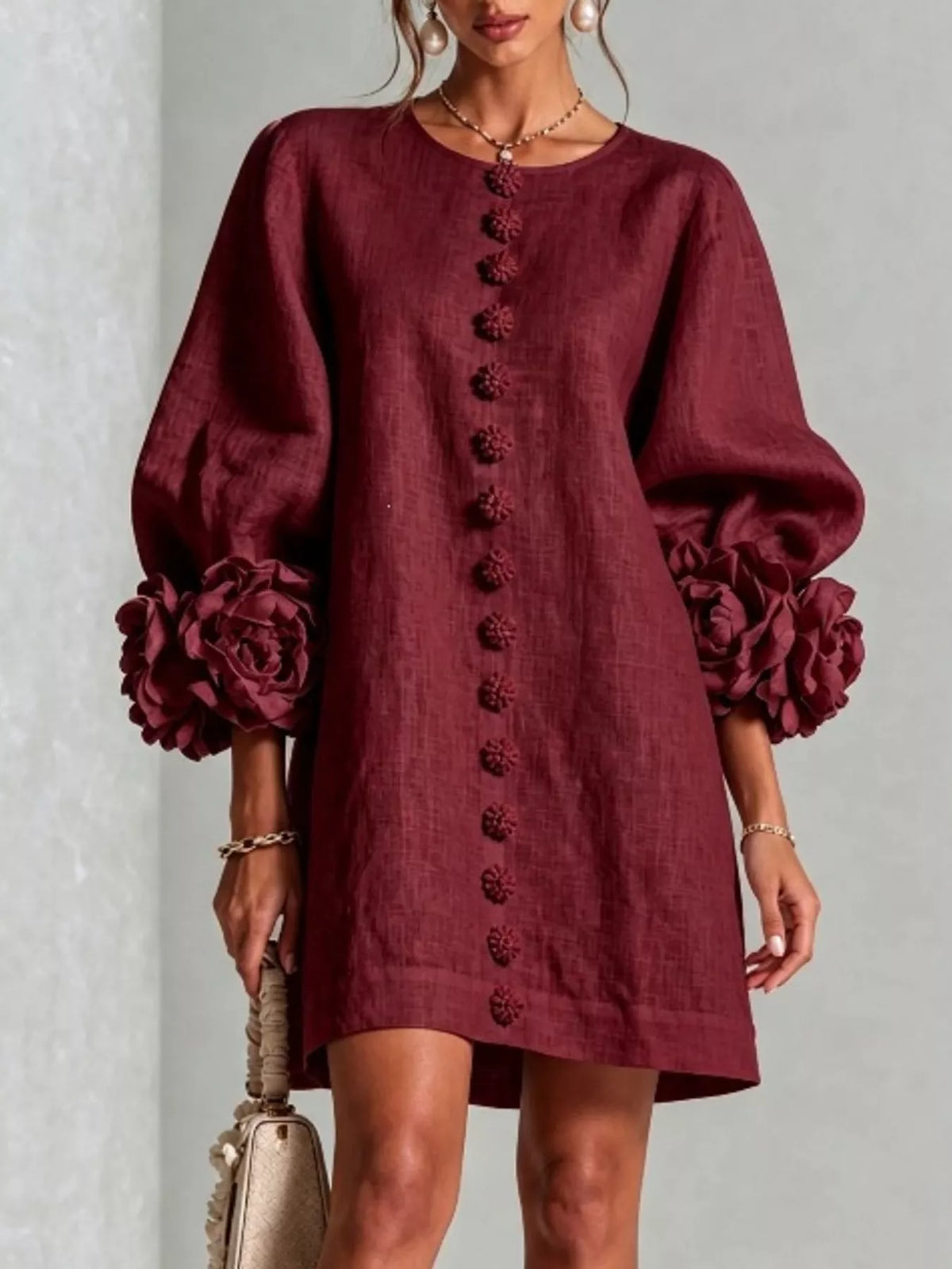 full size 3d floral sleeve round neck dress plus | dropsona - neutral - size reference