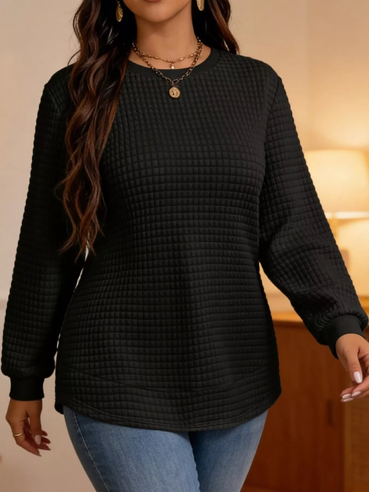 plus size textured waffle knit crew neck sweatshirt | dropsona - neutral - material texture