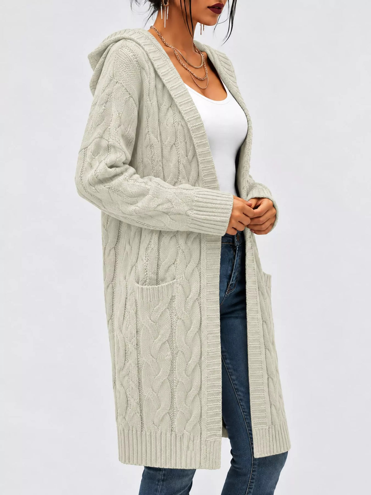 full size hooded cable knit longline cardigan plus | dropsona - neutral - material texture