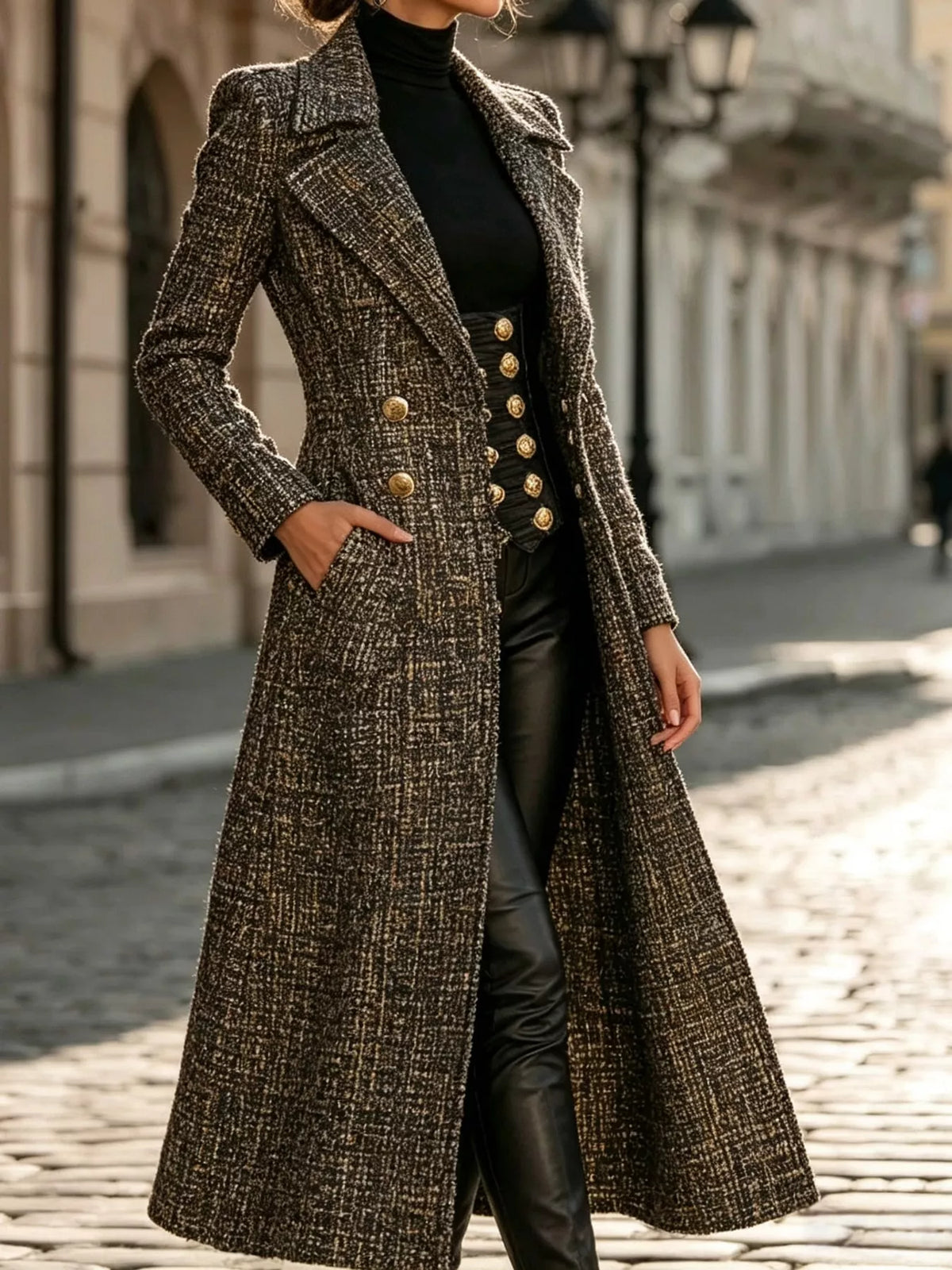 tweed long sleeve longline coat | dropsona polyester 100% - neutral - front view