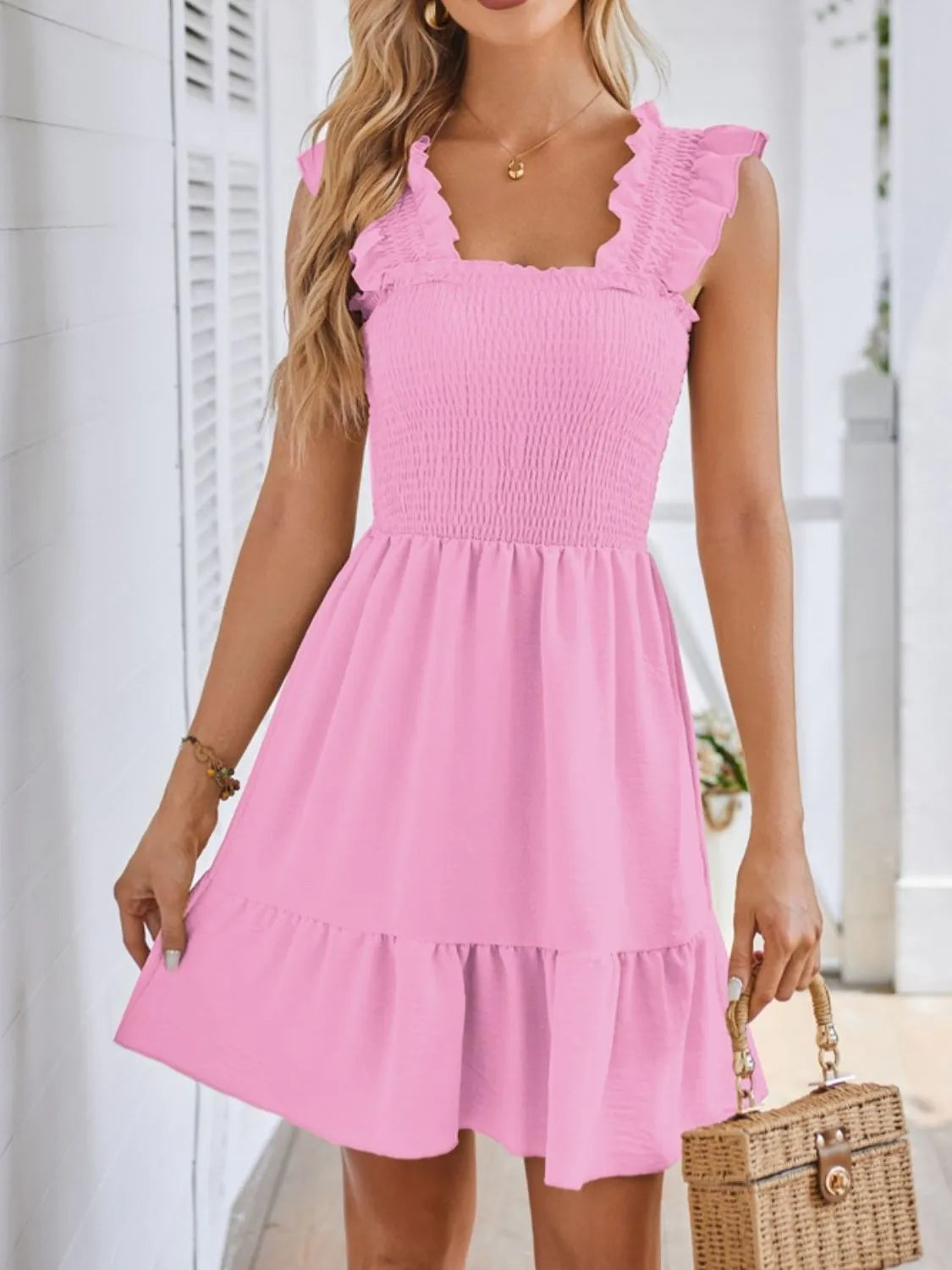 smocked square neck wide strap dress - material texture