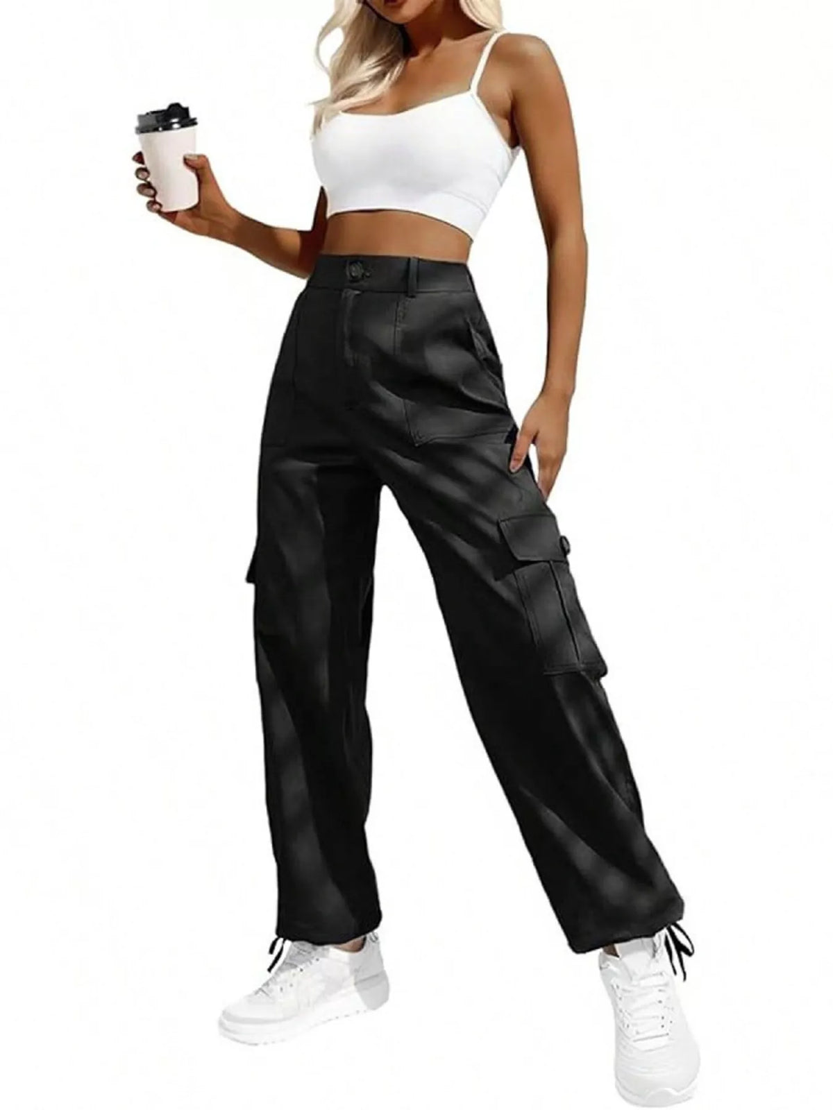 high-waisted cargo pants with drawstring cuffs | dropsona - neutral - close-up detail