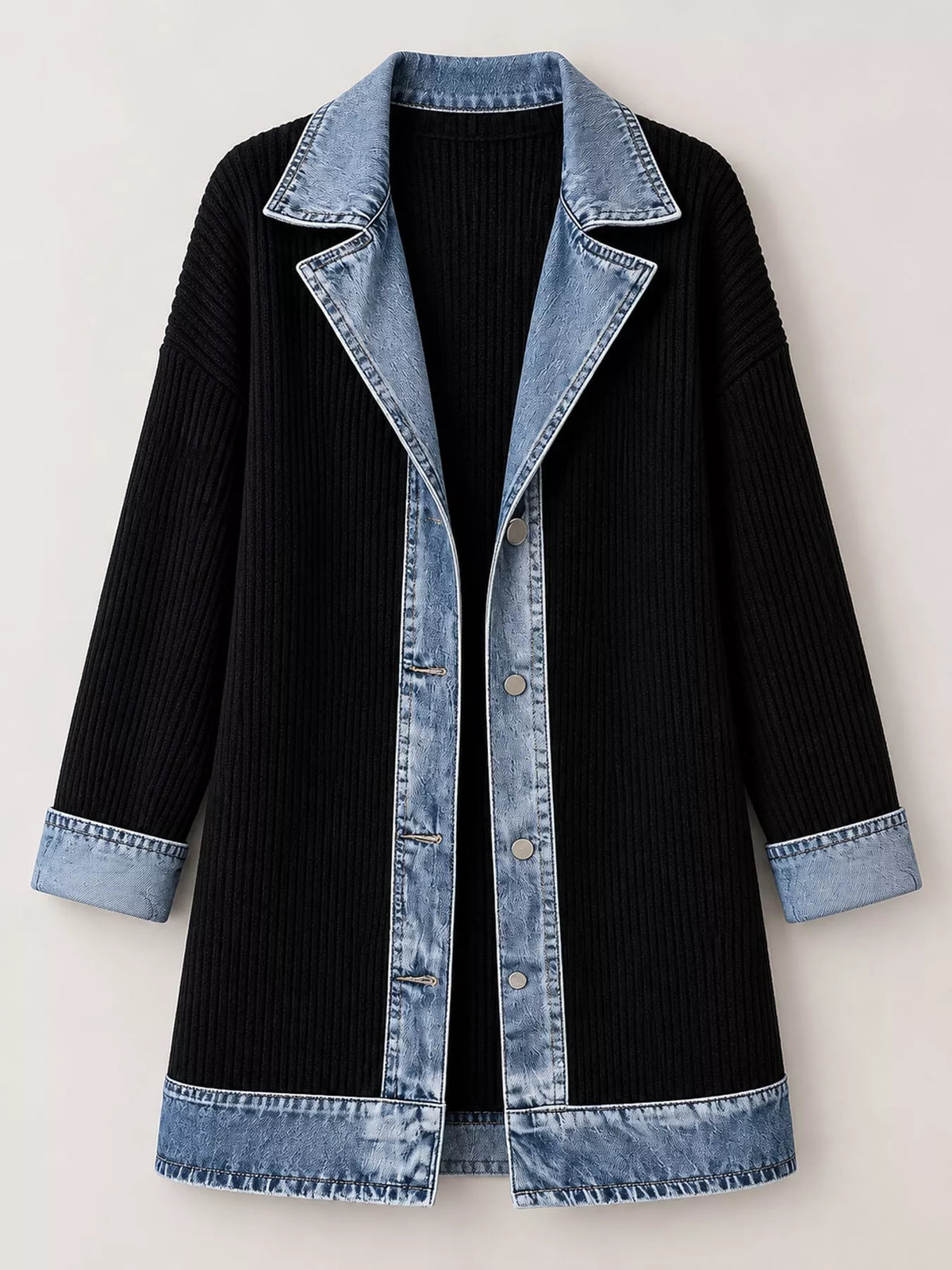 full size denim trim ribbed knit cardigan plus | dropsona - neutral - material texture