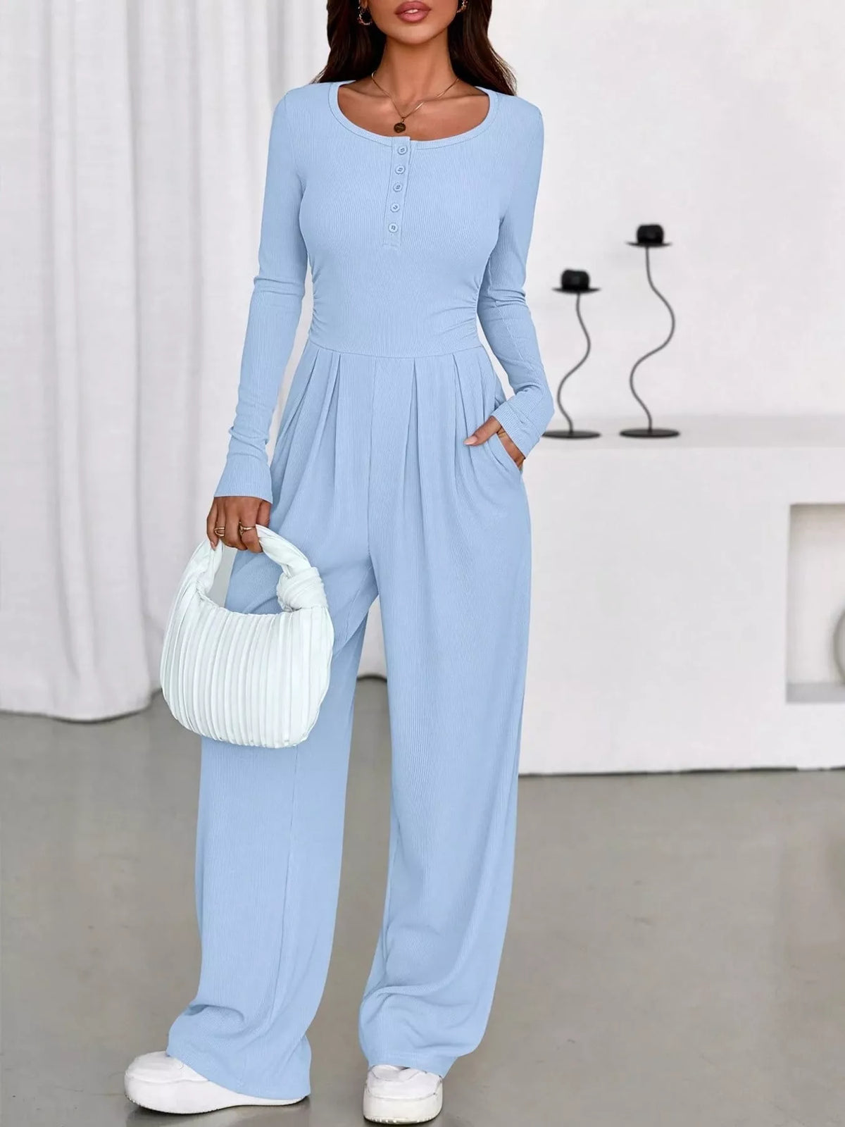 long sleeve ribbed knit wide leg jumpsuit | dropsona - neutral - material texture