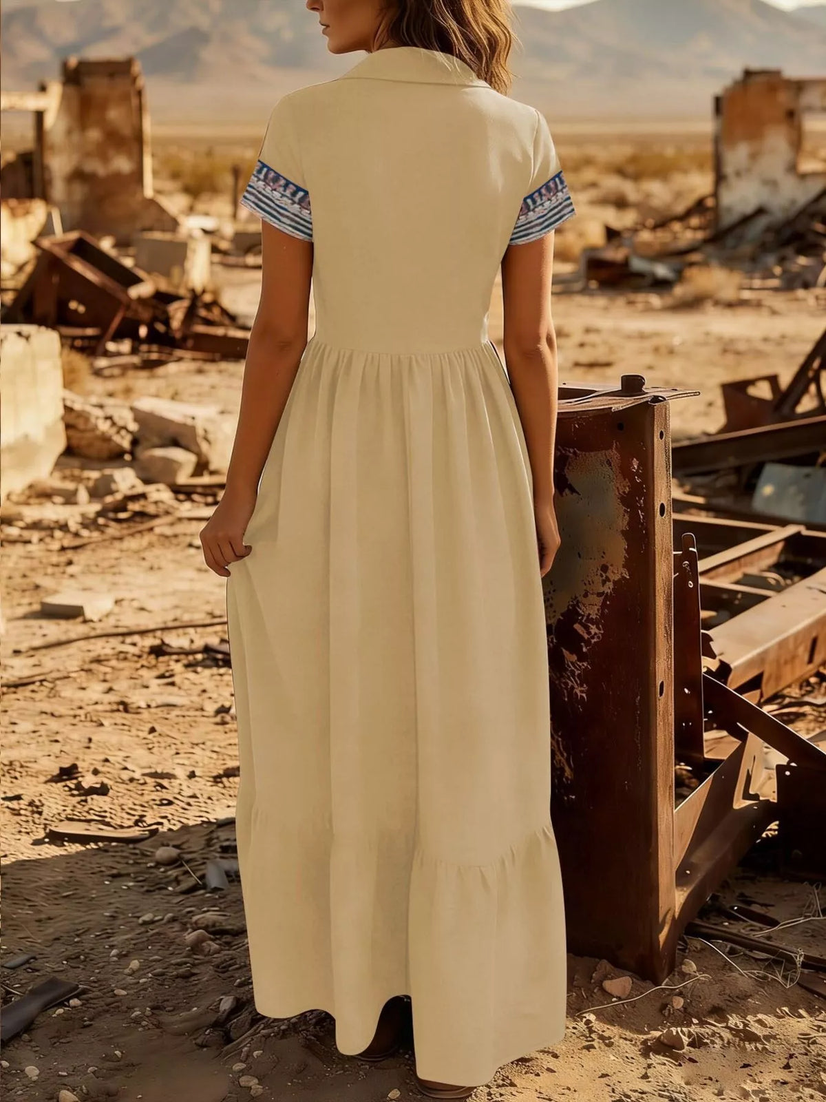 printed button-front maxi dress – buttoned,ruffled | dropsona - neutral - material texture