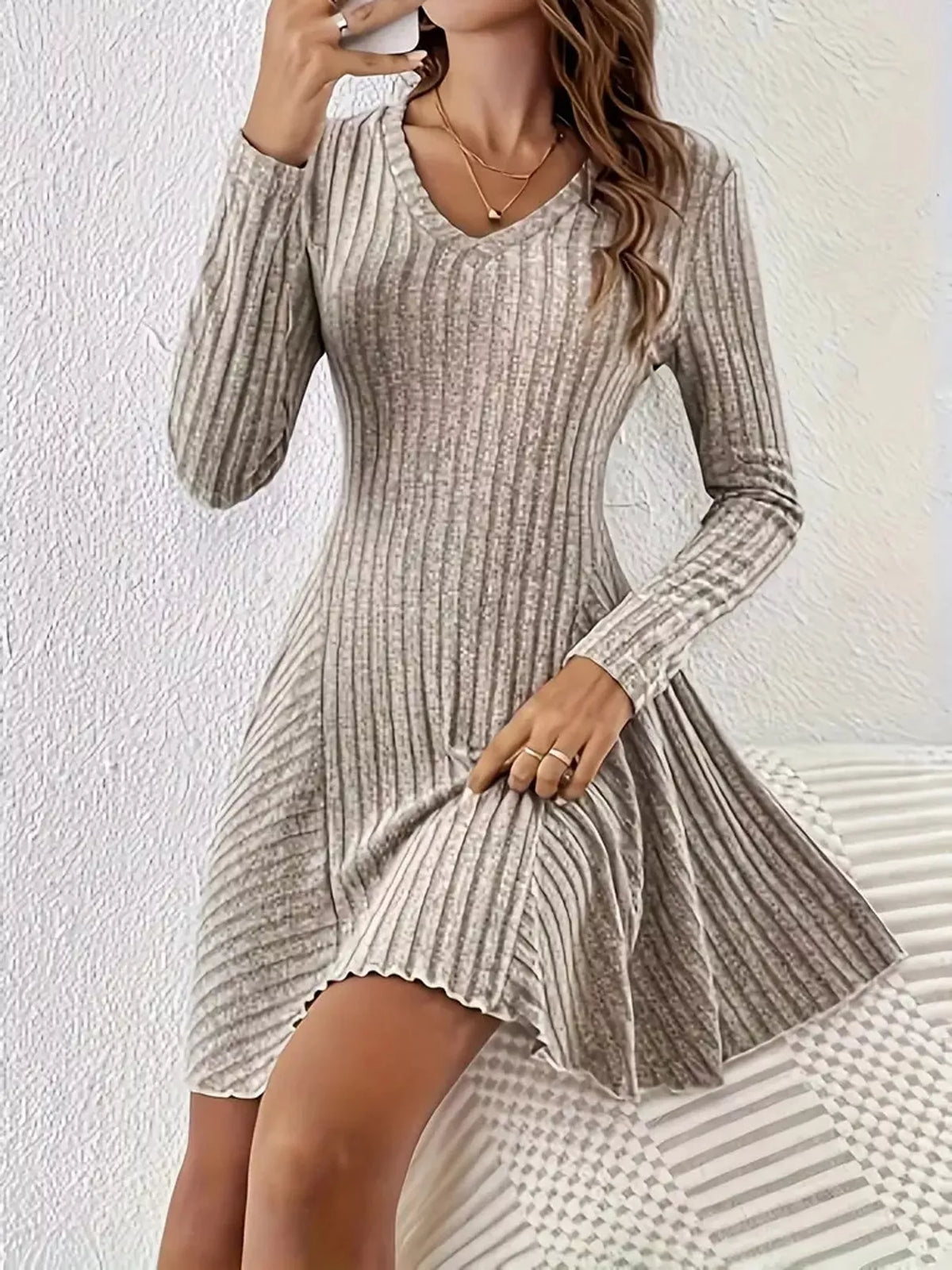 v-neck ribbed knit a-line dress – | dropsona - neutral - usage example