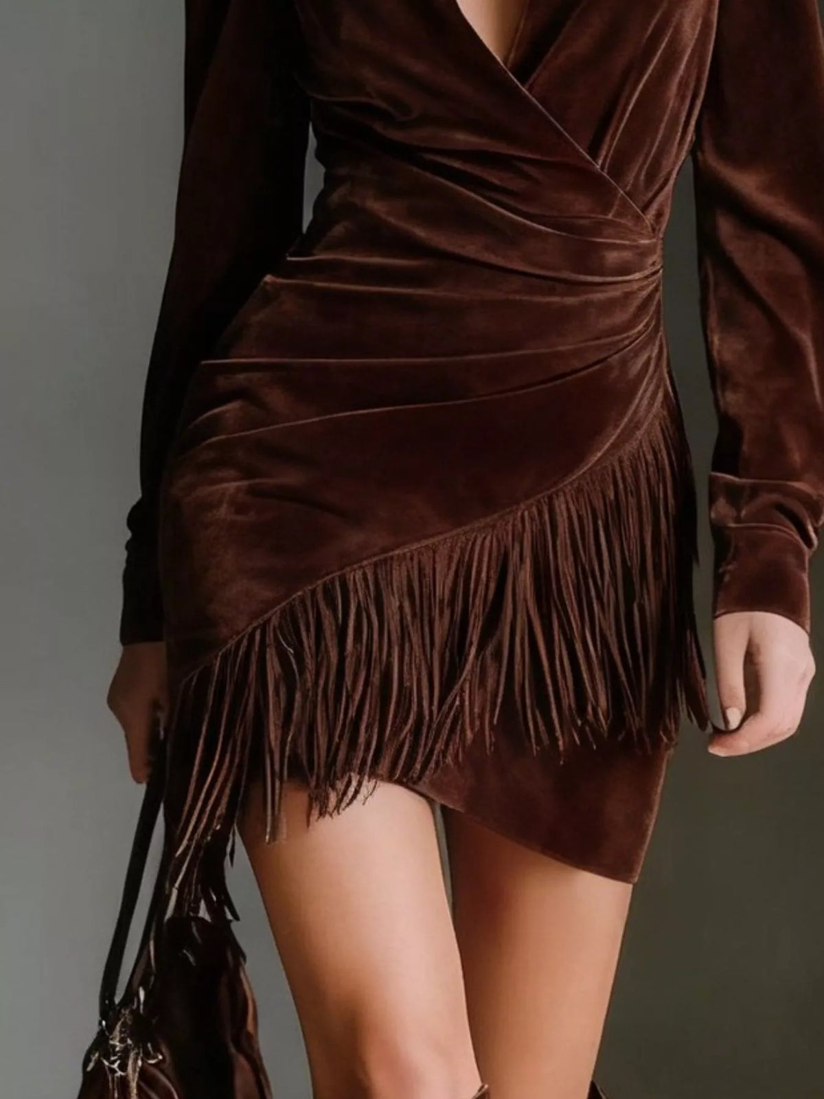 fringed long sleeve mini dress – ruched,fringe | dropsona - neutral - material texture