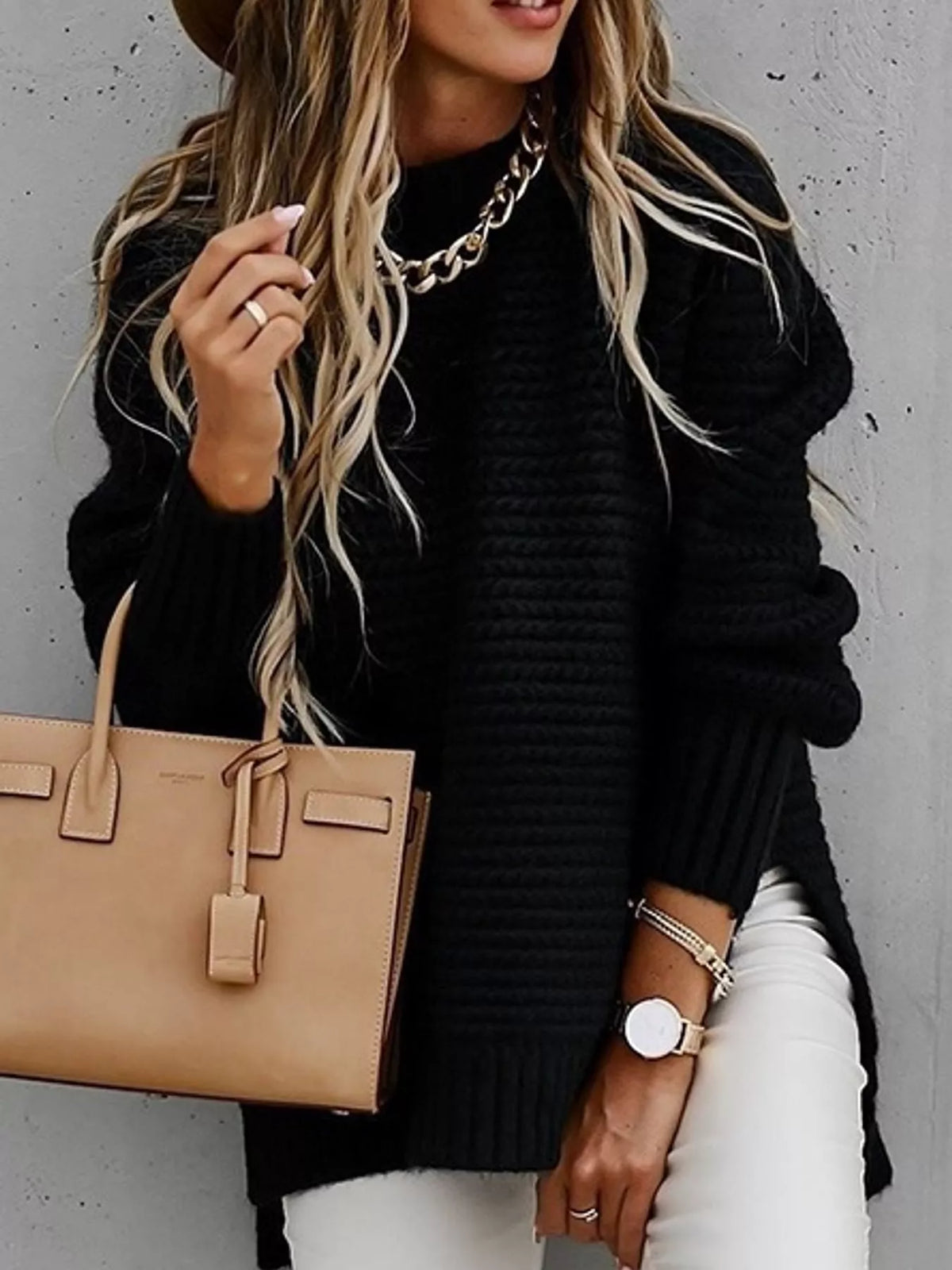 side slit textured knit sweater – ribbed,slit fit | dropsona - neutral - usage example