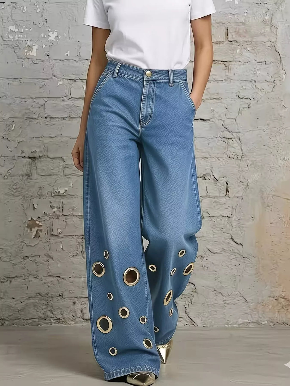 wide leg jeans with eyelet details - material texture